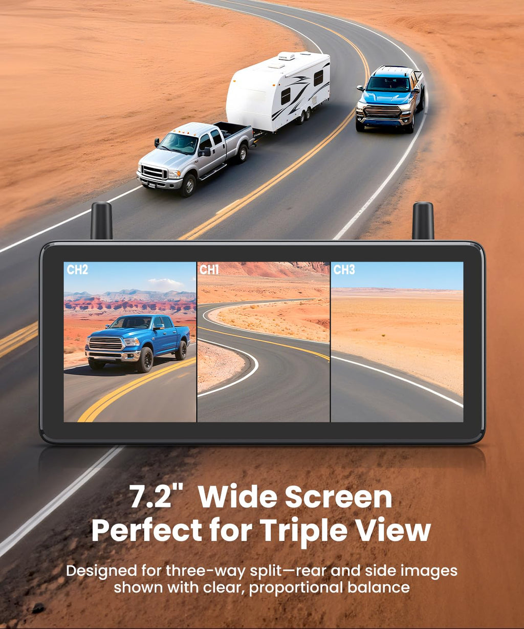 Wireless RV Backup Camera with Triple-Split Screen W250944