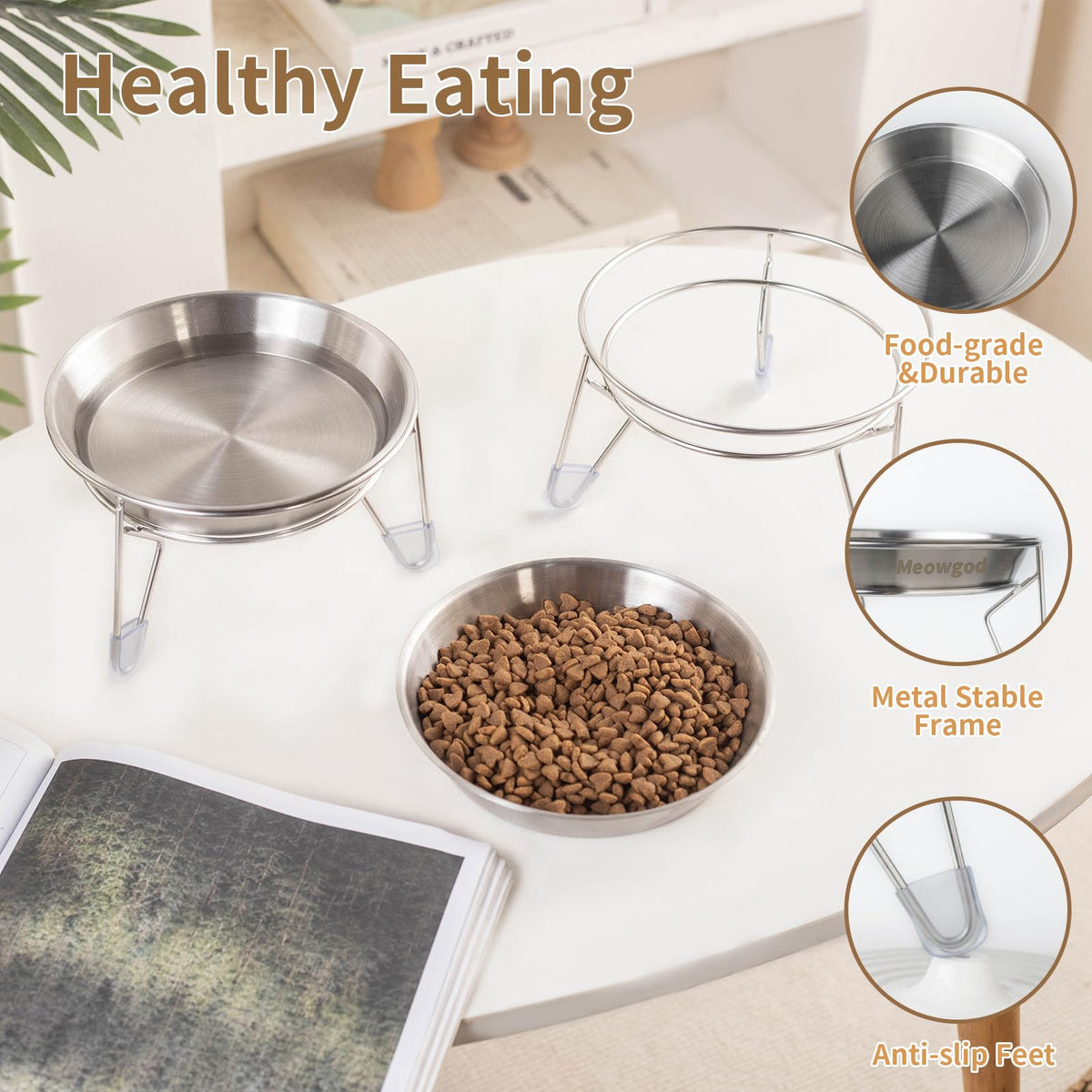6.7" Elevated Stainless Steel Cat Bowls with Anti-Slip Stand P966208