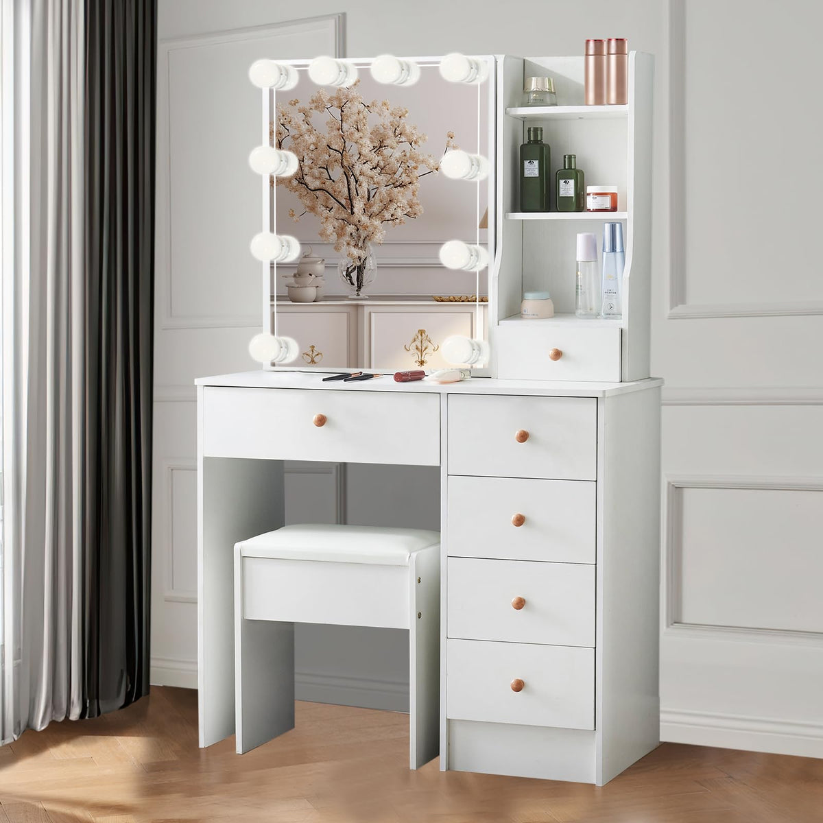 White Vanity Mirror with Lights Desk and Chair 5 Drawers Makeup Table B874