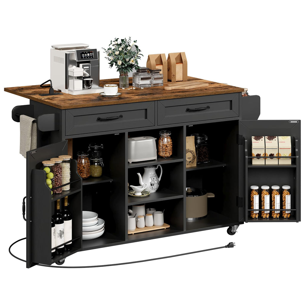 Black and Rustic Brown Kitchen Island with Power Outlets and Drop Leaf A6510