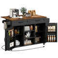 Black and Rustic Brown Kitchen Island with Power Outlets and Drop Leaf A6510