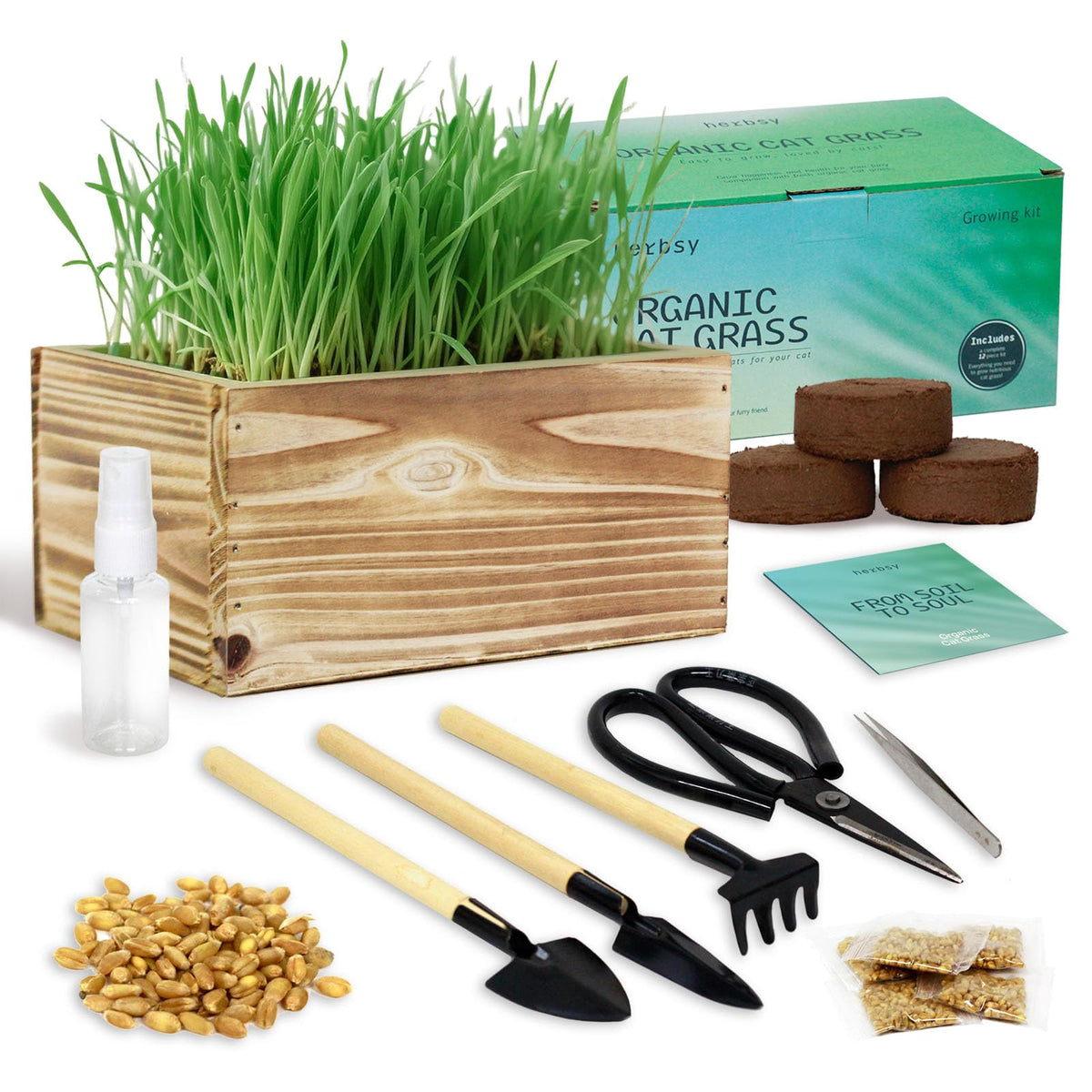 Non-GMO Wheatgrass Cat Grass Kit with Wood Planter Soil & Tools 17-Piece Set R2489