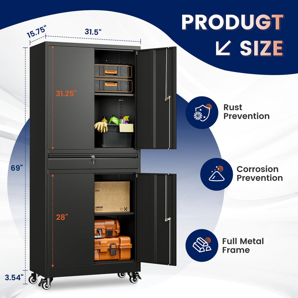 Black Metal Rolling Storage Cabinet with Locking Doors and 1 Drawer F235