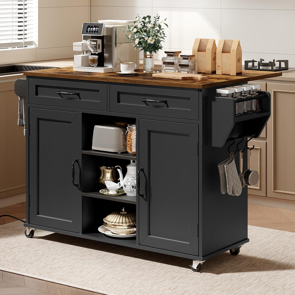 Black and Rustic Brown Kitchen Island with Power Outlets and Drop Leaf A6510