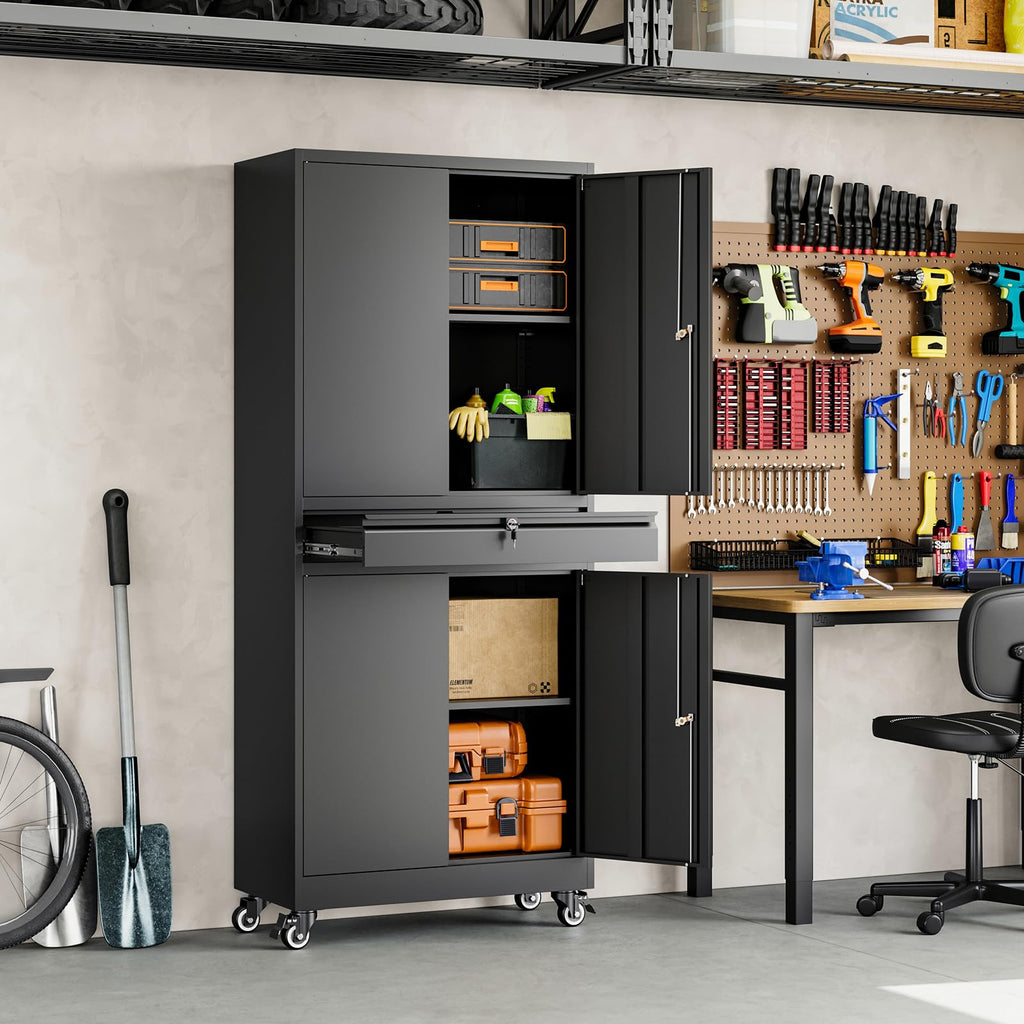 Black Metal Rolling Storage Cabinet with Locking Doors and 1 Drawer F235