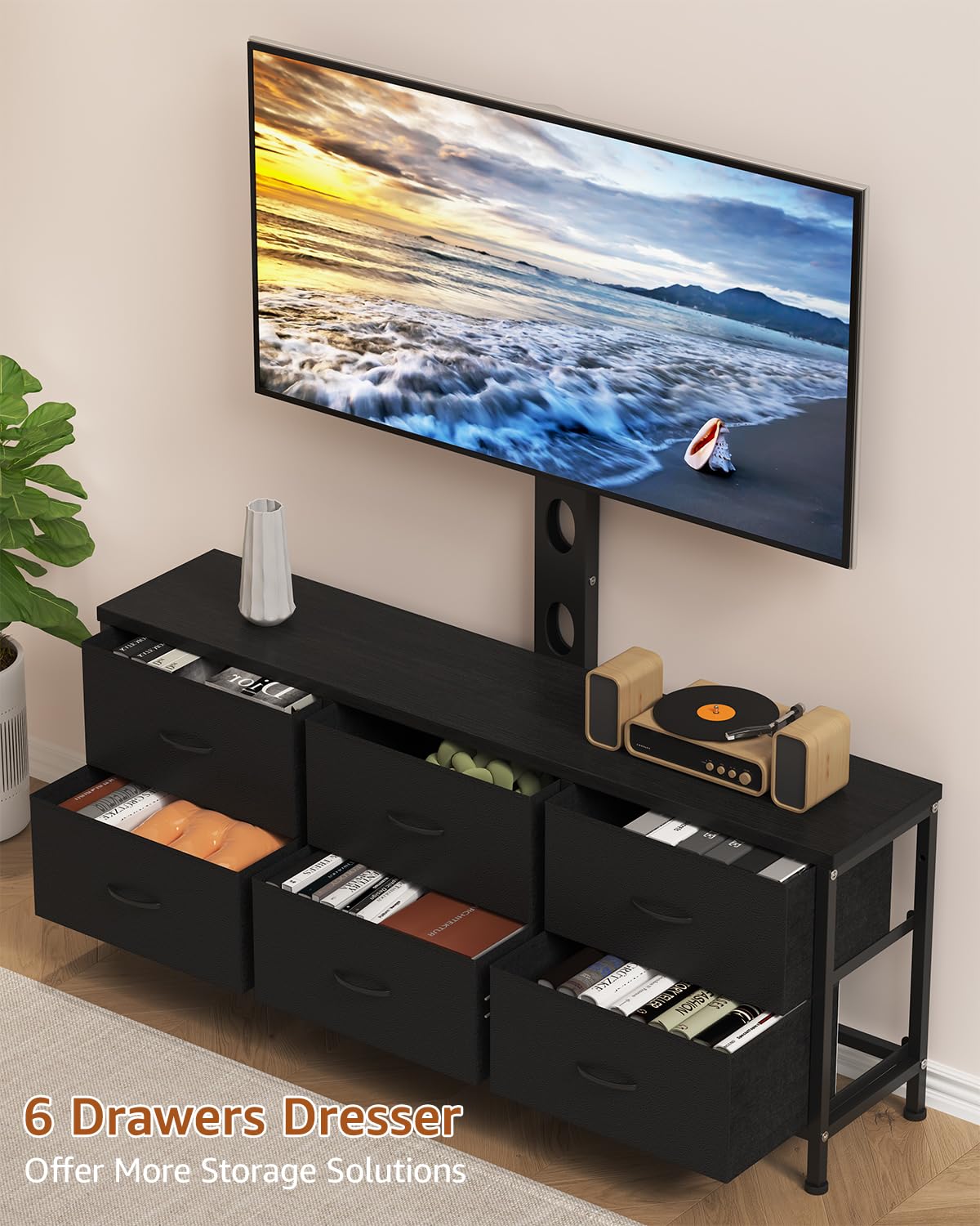Black 6 Drawer TV Stand with Mount L5091
