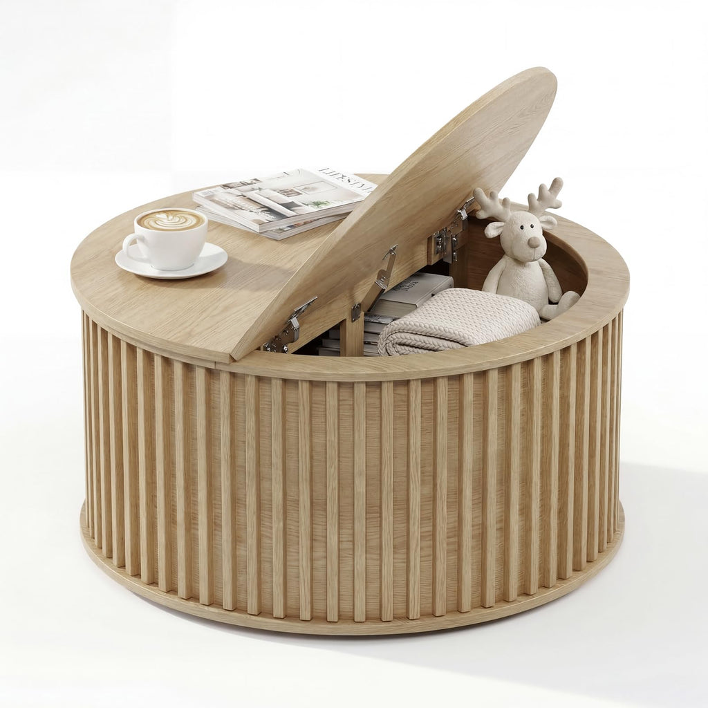 Round Coffee Table with Storage, 35.43" Fluted Center Table P3672