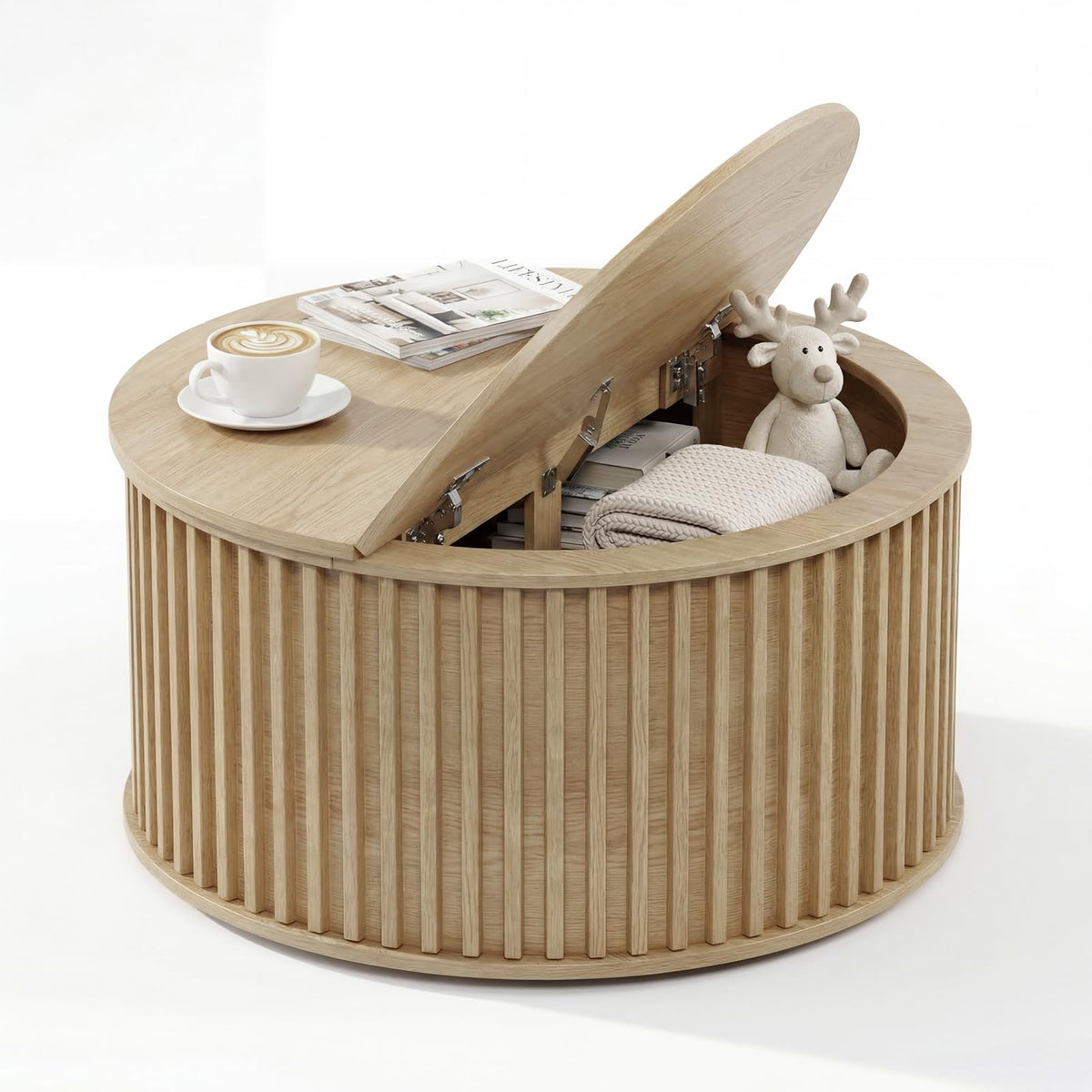 Round Coffee Table with Storage, 35.43" Fluted Center Table P3672