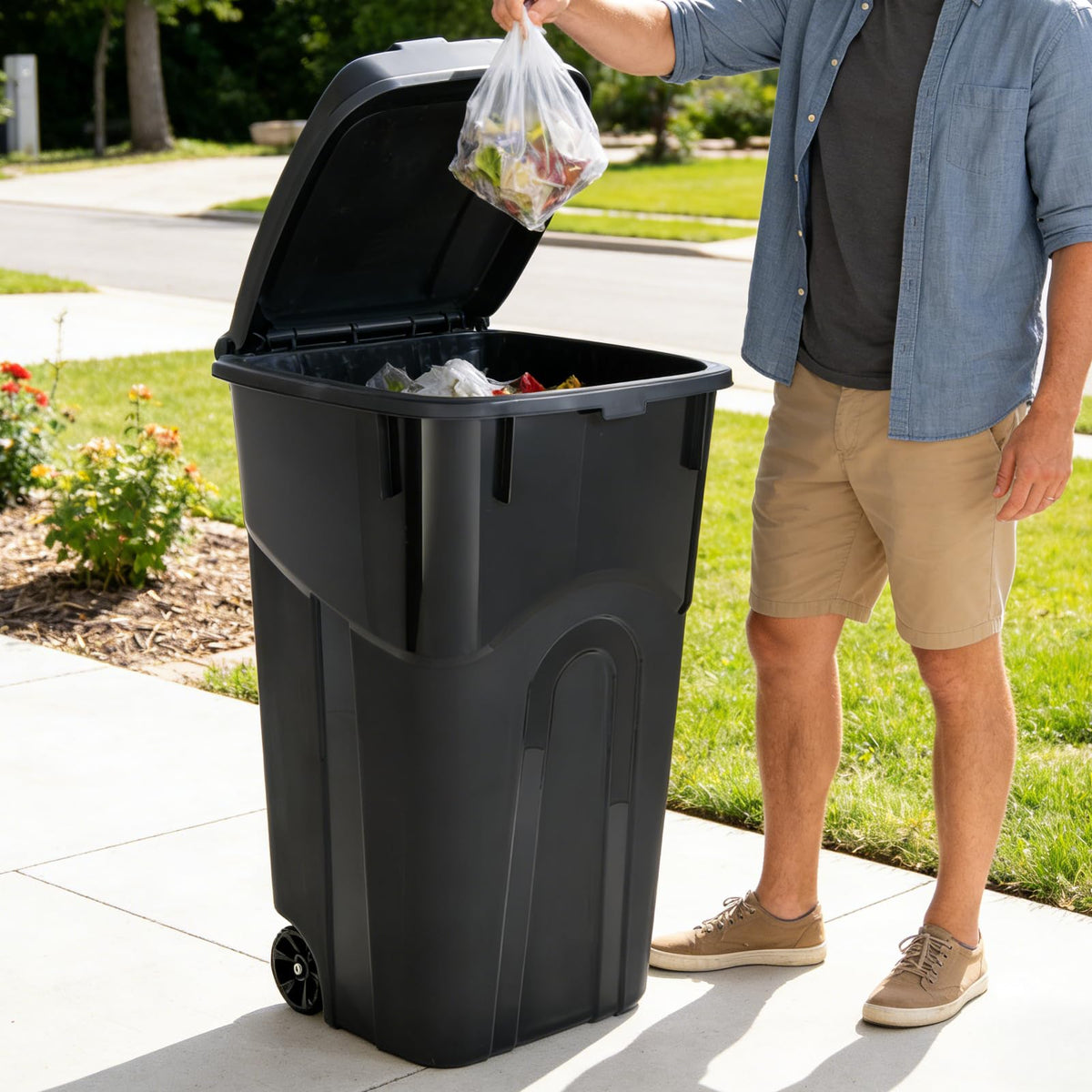 32 Gallon Wheeled Plastic Trash Can with Lid H50023