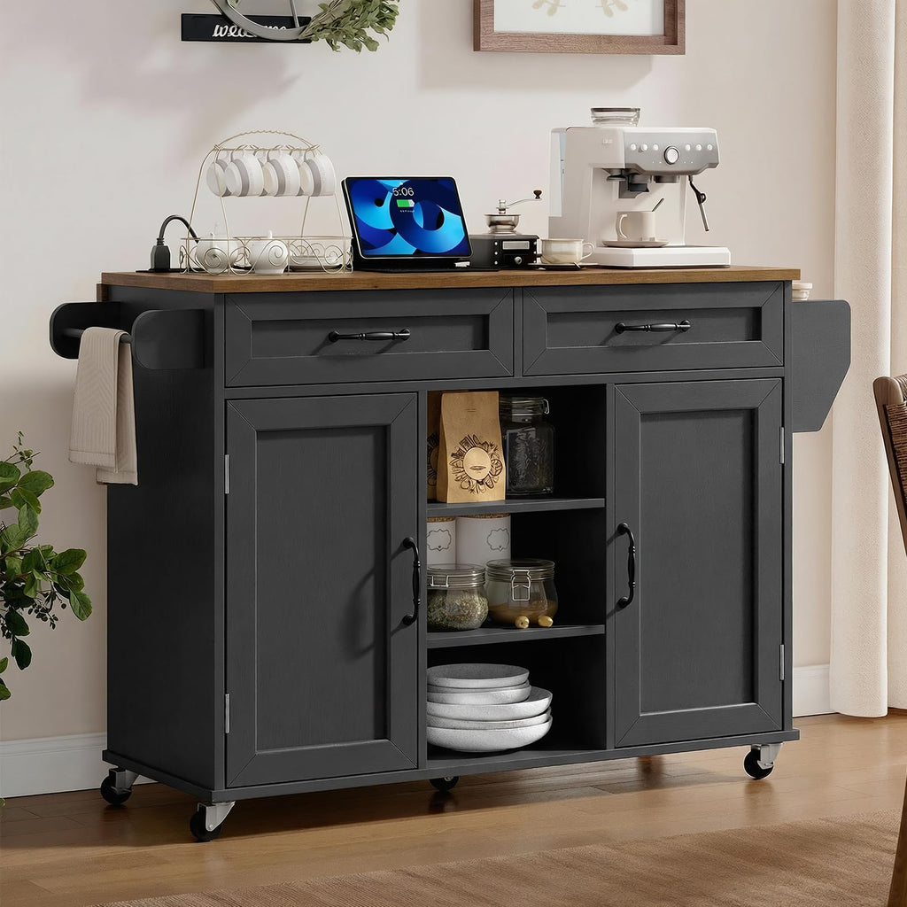 Black and Rustic Brown Kitchen Island with Power Outlets and Drop Leaf A6510