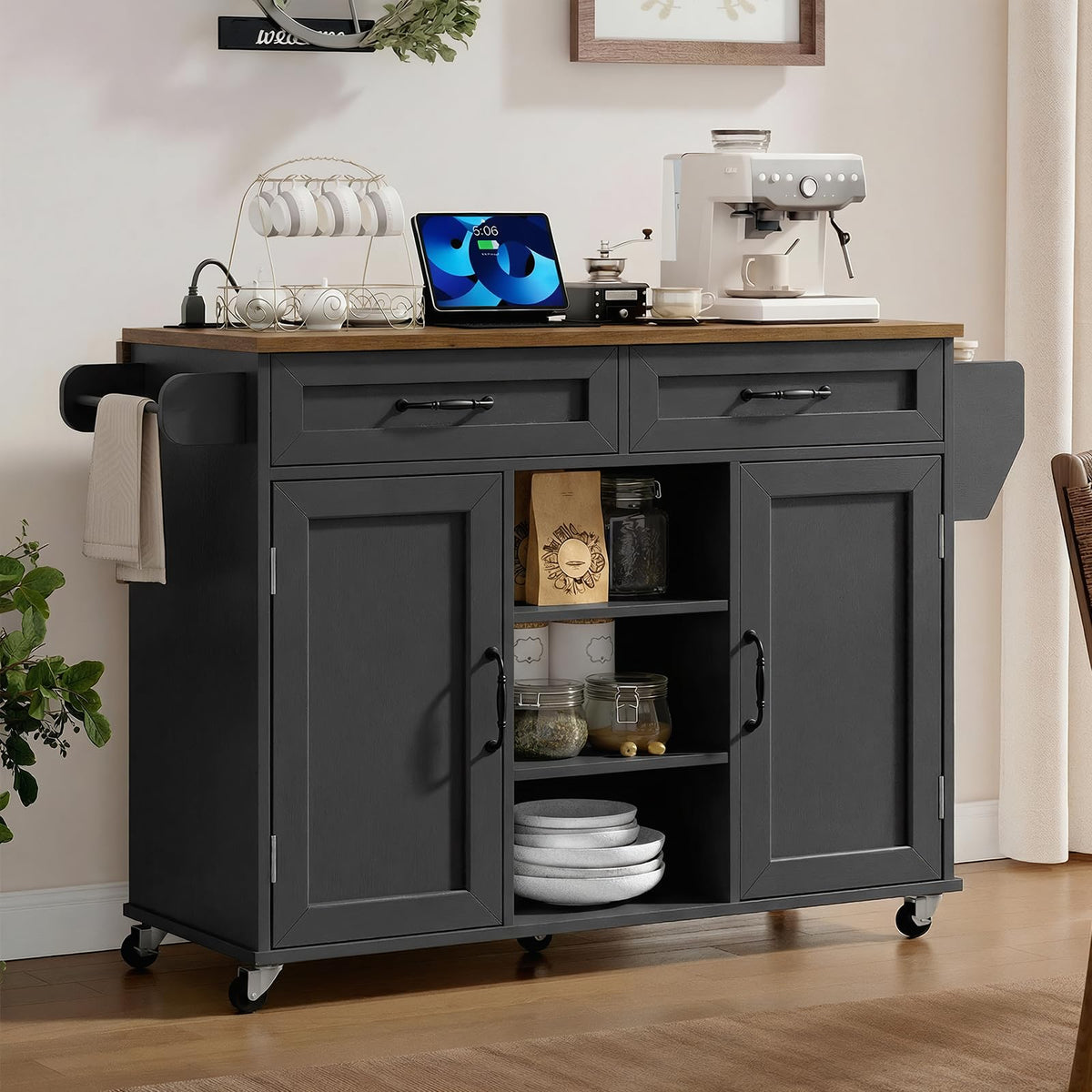 Black and Rustic Brown Kitchen Island with Power Outlets and Drop Leaf A6510