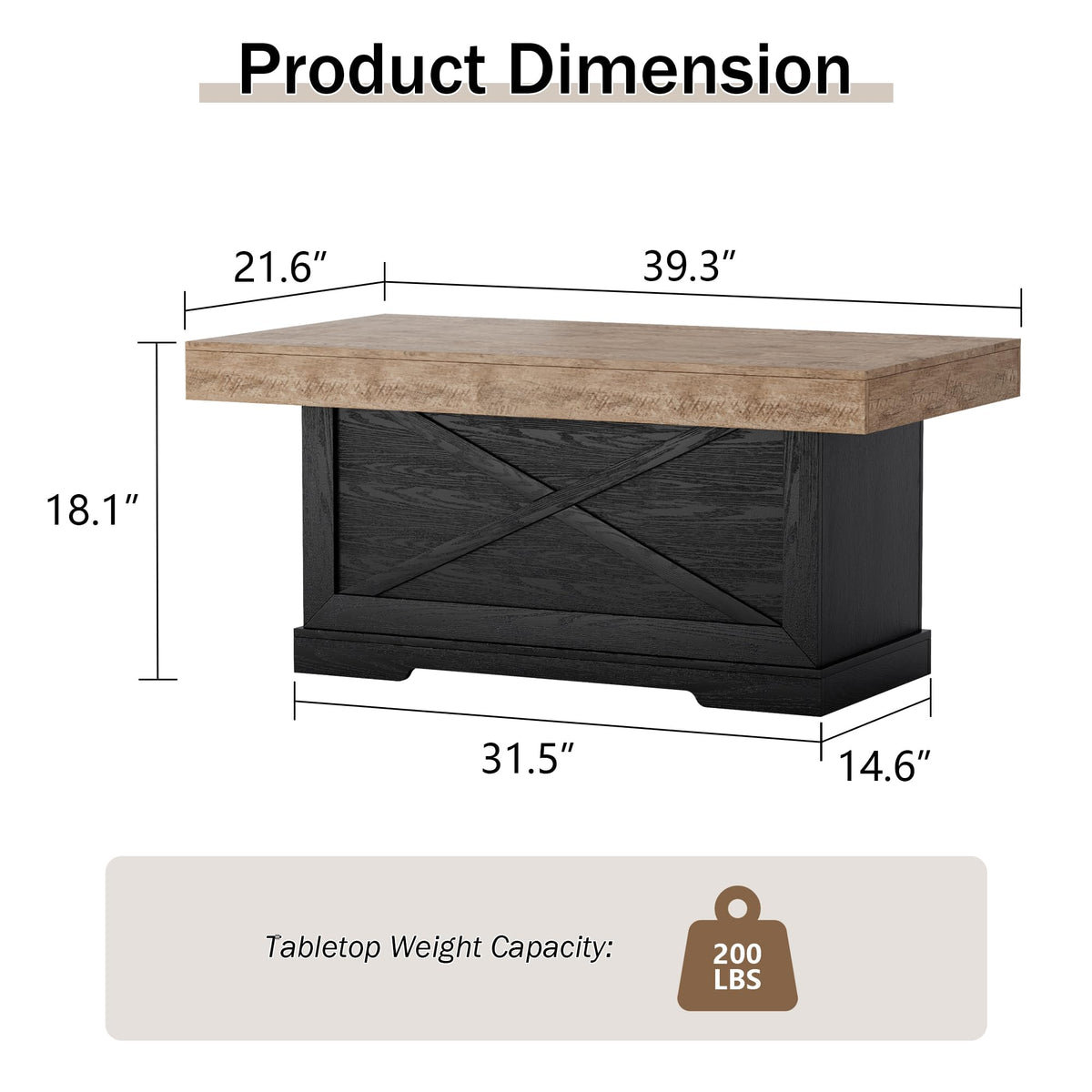 39 in Rustic Coffee Table with X-Design U982