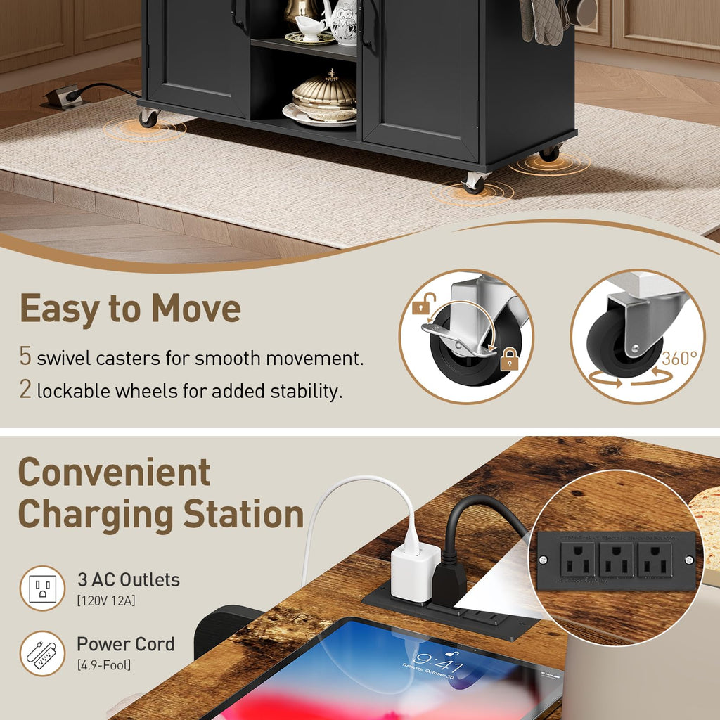 Black and Rustic Brown Kitchen Island with Power Outlets and Drop Leaf A6510