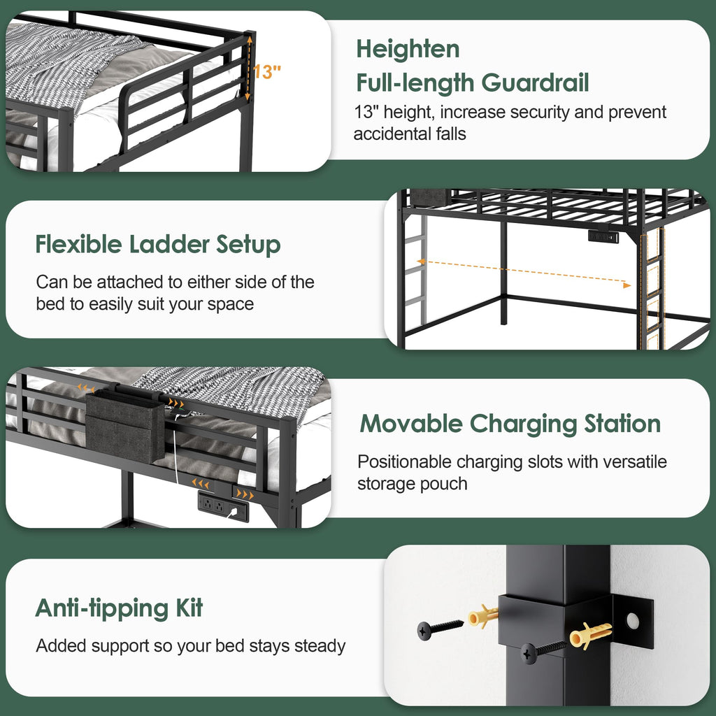 Twin XL Black Metal Loft Bed with Charging Station and LED Lights T357889