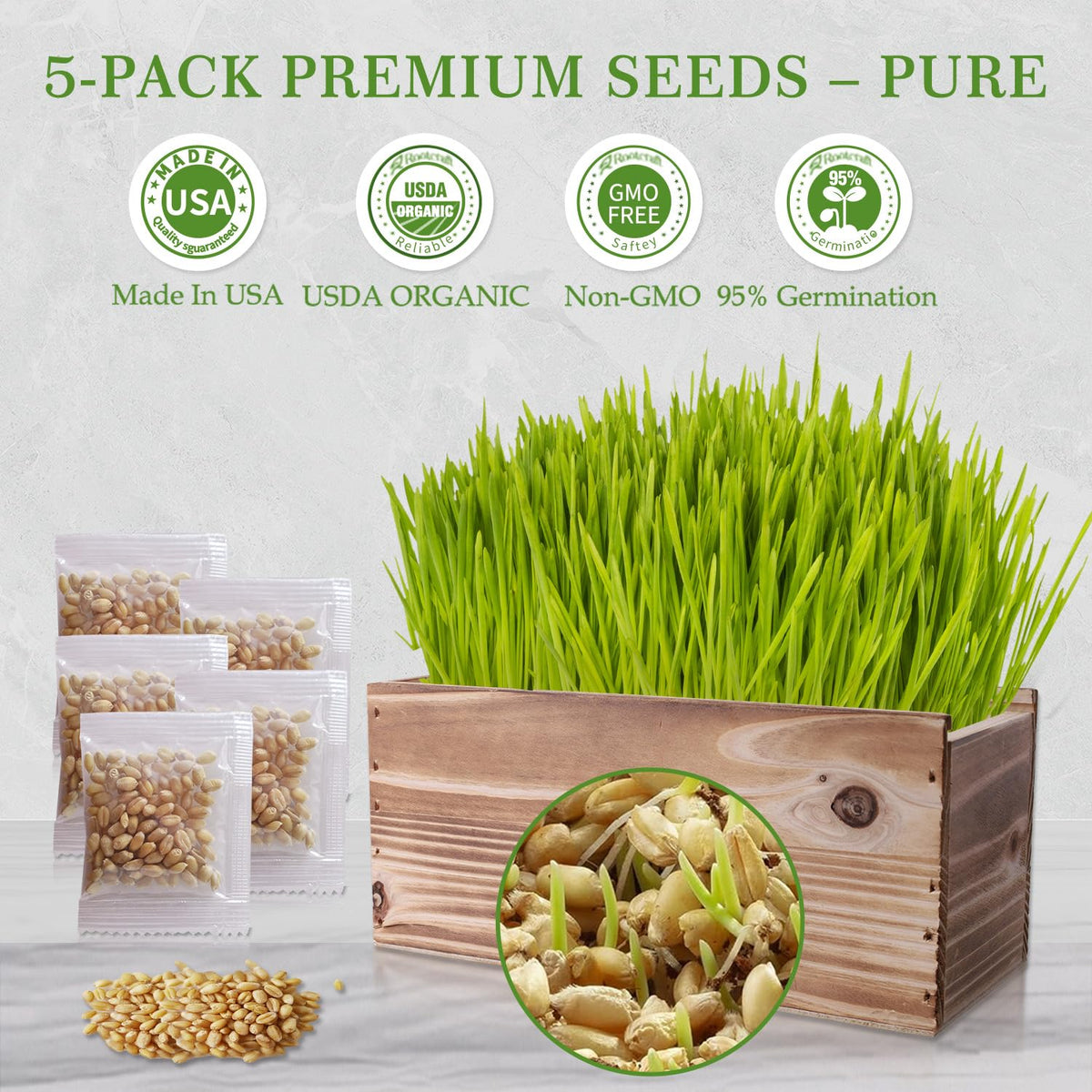 Non-GMO Wheatgrass Cat Grass Kit with Wood Planter Soil & Tools 17-Piece Set R2489