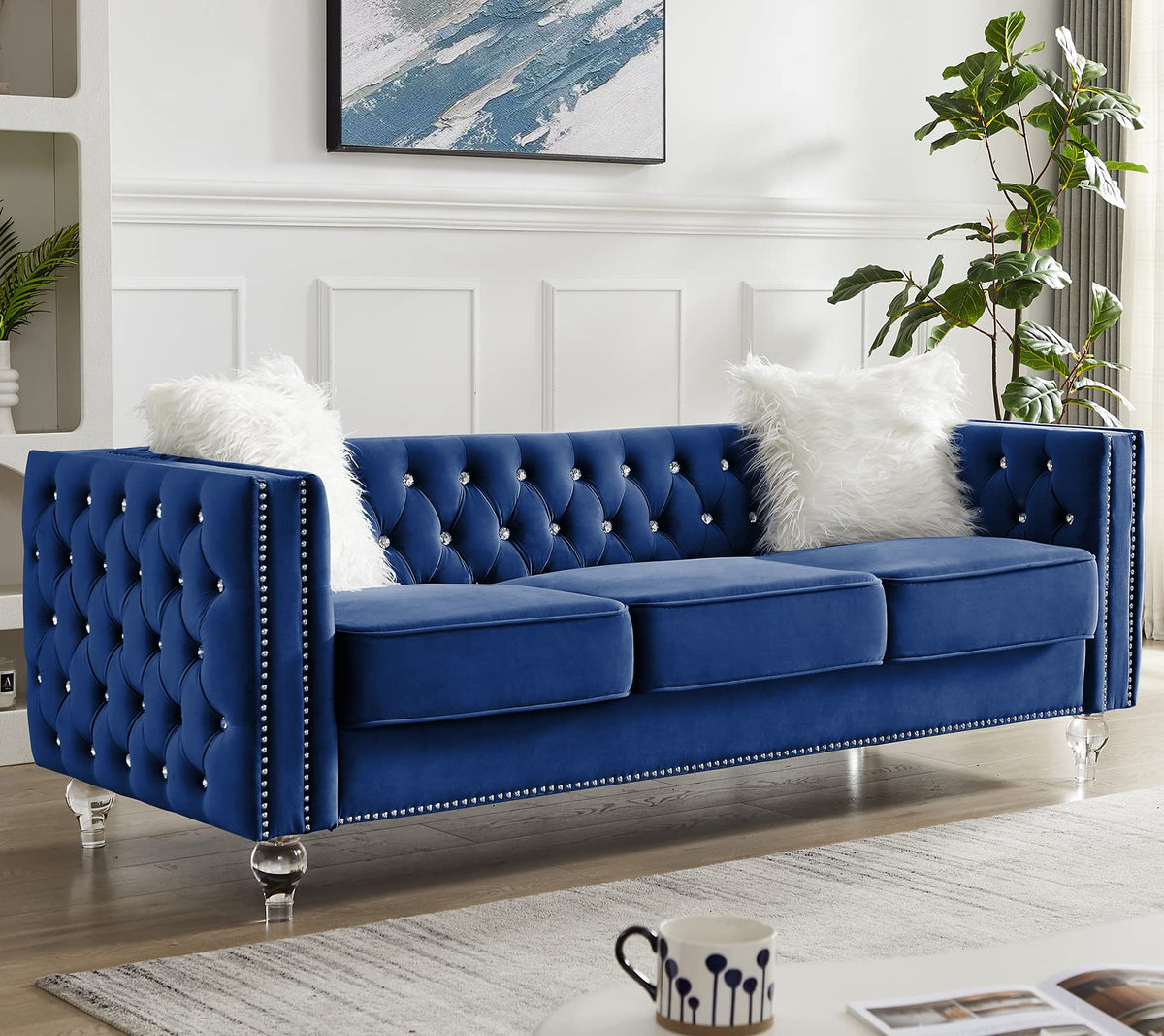 Velvet 3 Seater Sofa Couch with Nailhead and Acrylic Legs K299667
