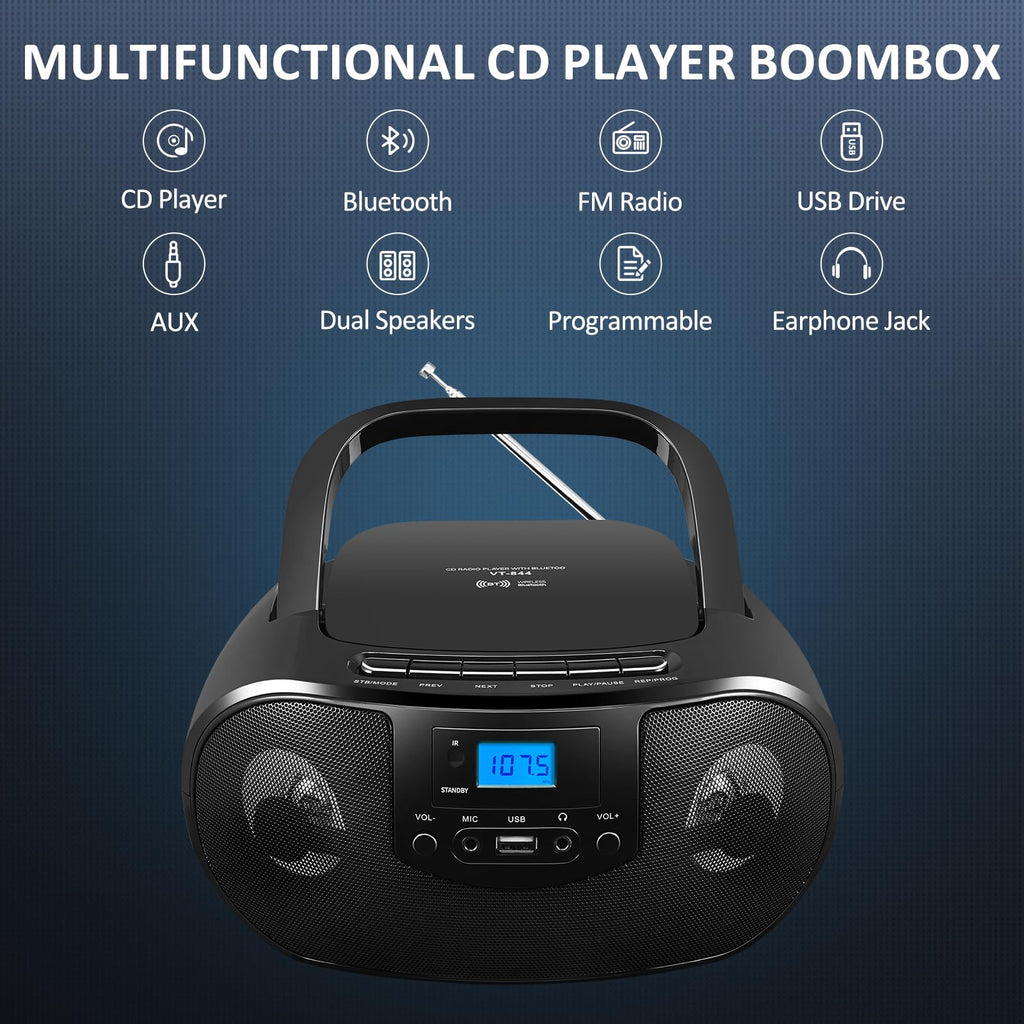 Portable CD Player Boombox with FM Radio, Bluetooth, Remote Control, Black F587578