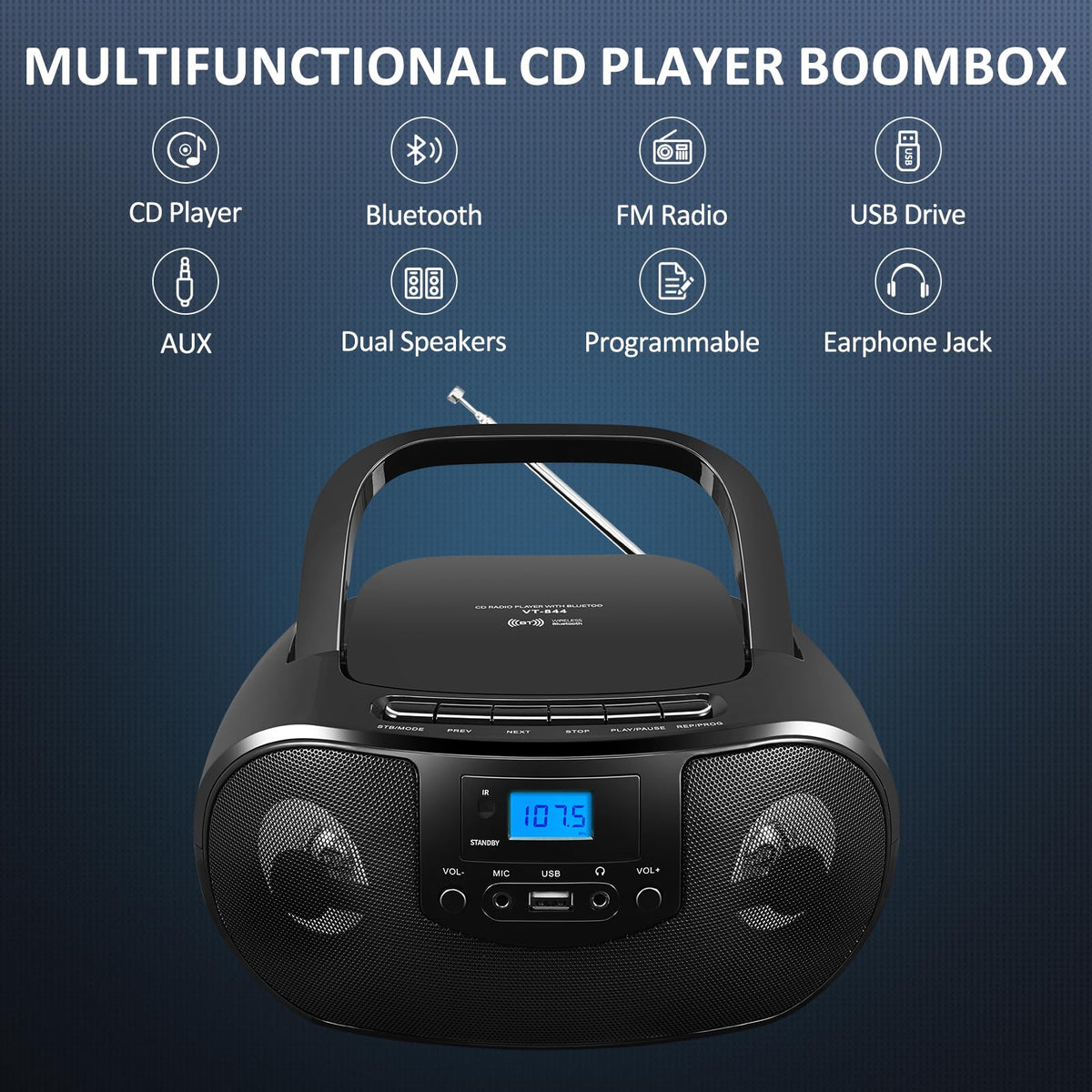 Portable CD Player Boombox with FM Radio, Bluetooth, Remote Control, Black F587578