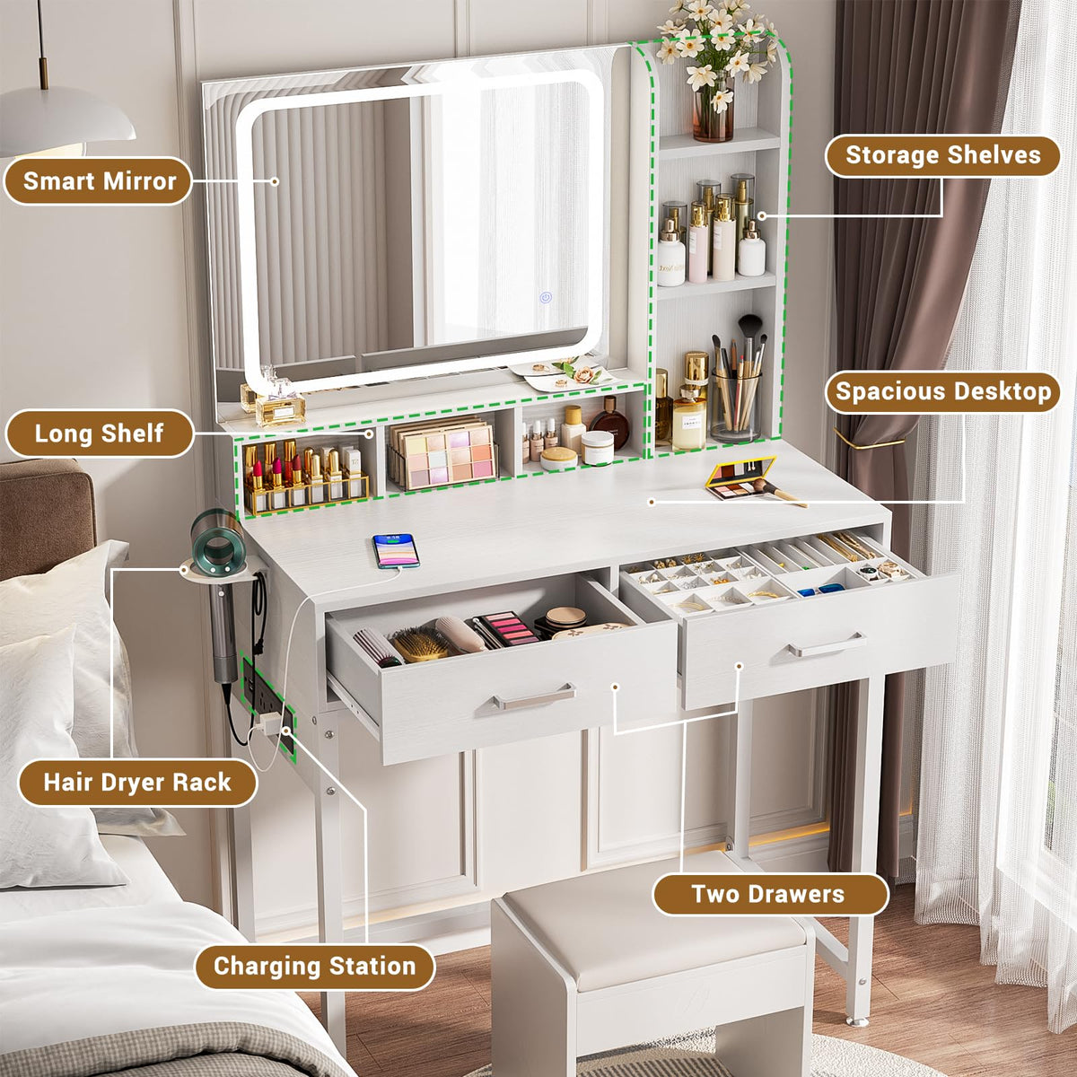White Vanity Desk with Mirror and Drawers K671