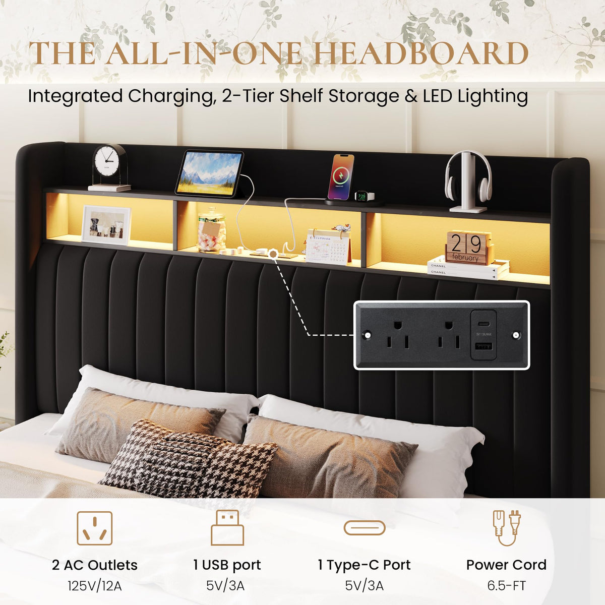 Full Size Velvet Upholstered Platform Bed Frame with Storage Shelf B387