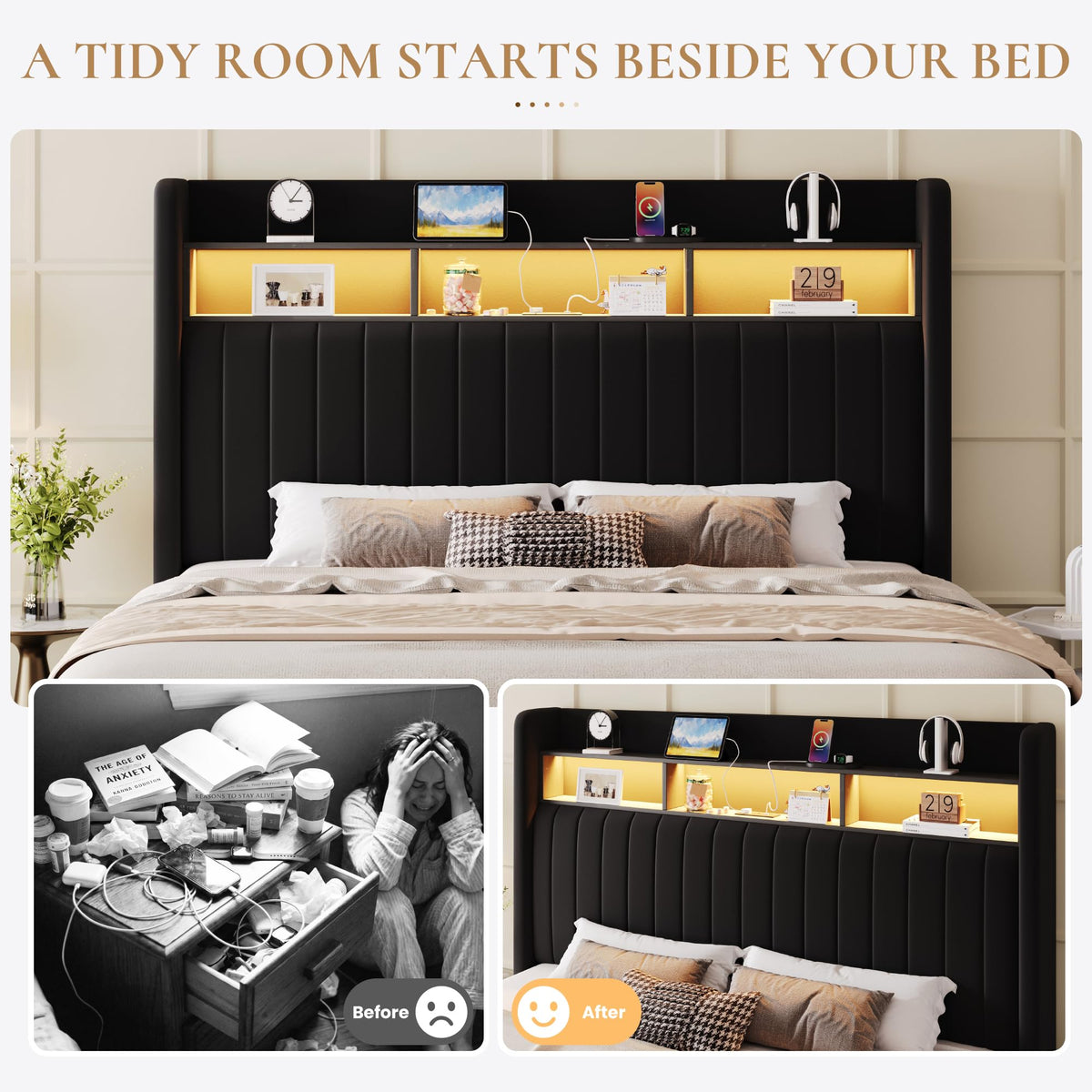 Full Size Velvet Upholstered Platform Bed Frame with Storage Shelf B387