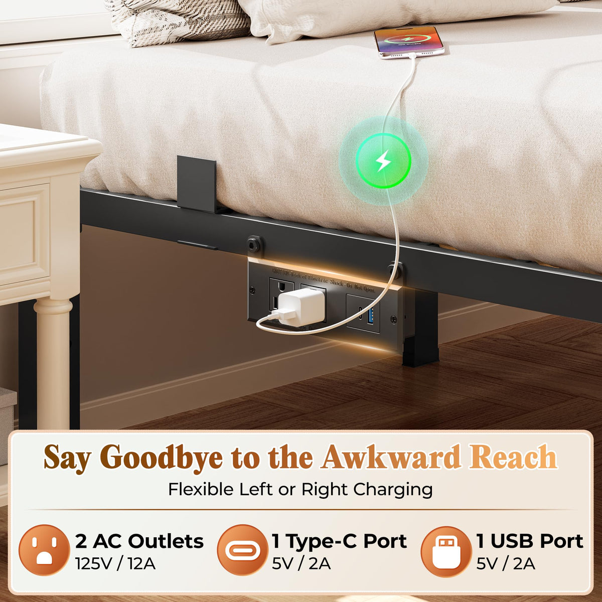 Queen Bed Frame with Charging Station N7094