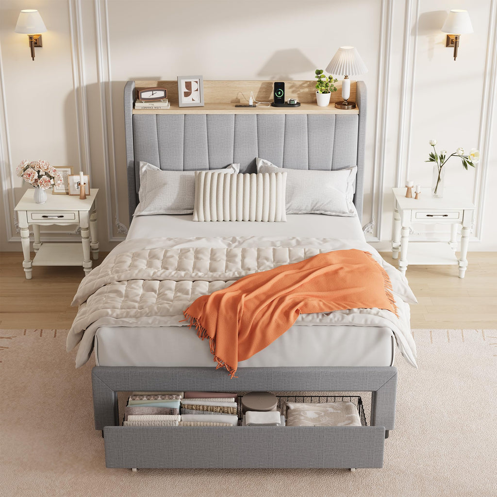 Twin Bed Frame with Storage Headboard and Charging Station G5304