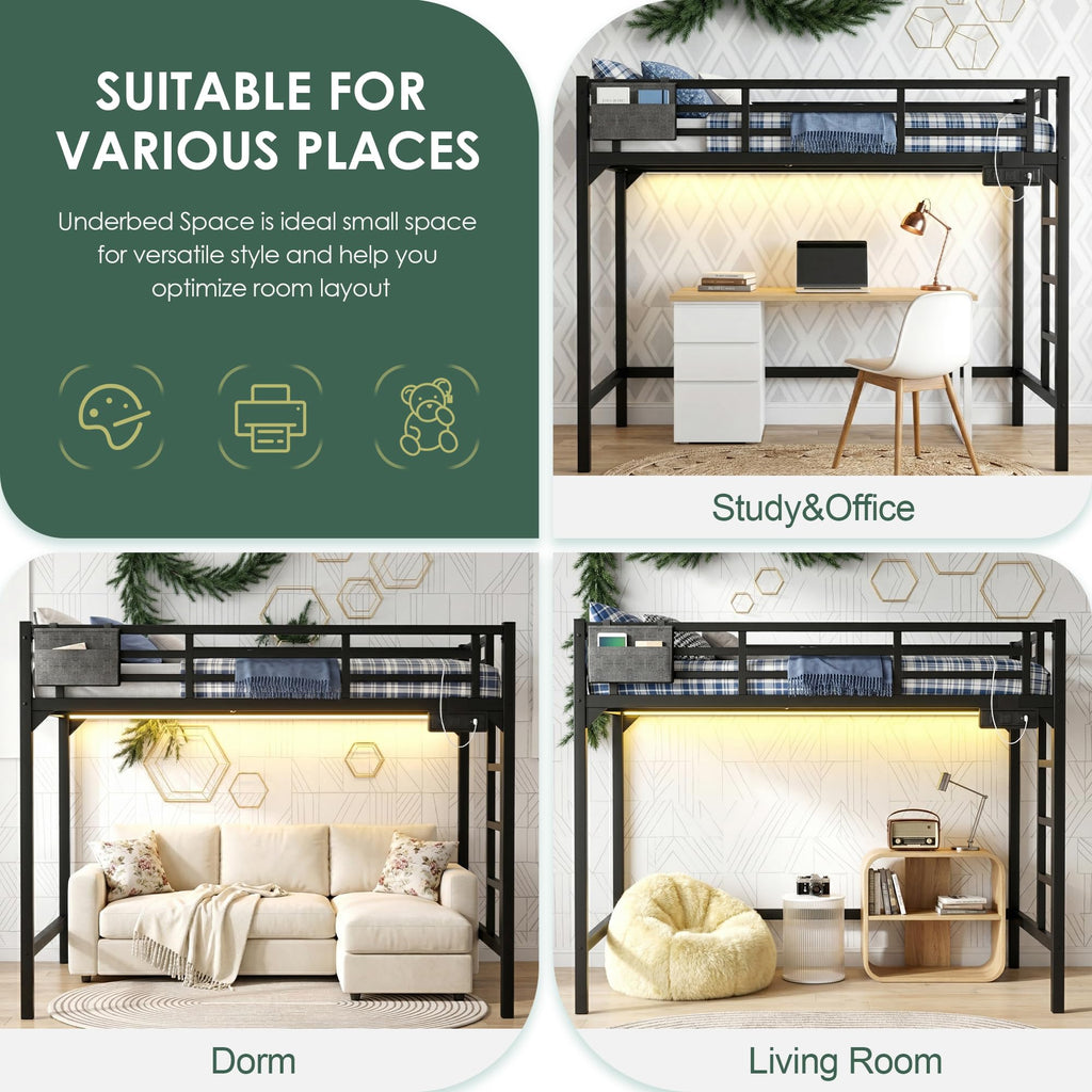 Twin XL Black Metal Loft Bed with Charging Station and LED Lights T357889