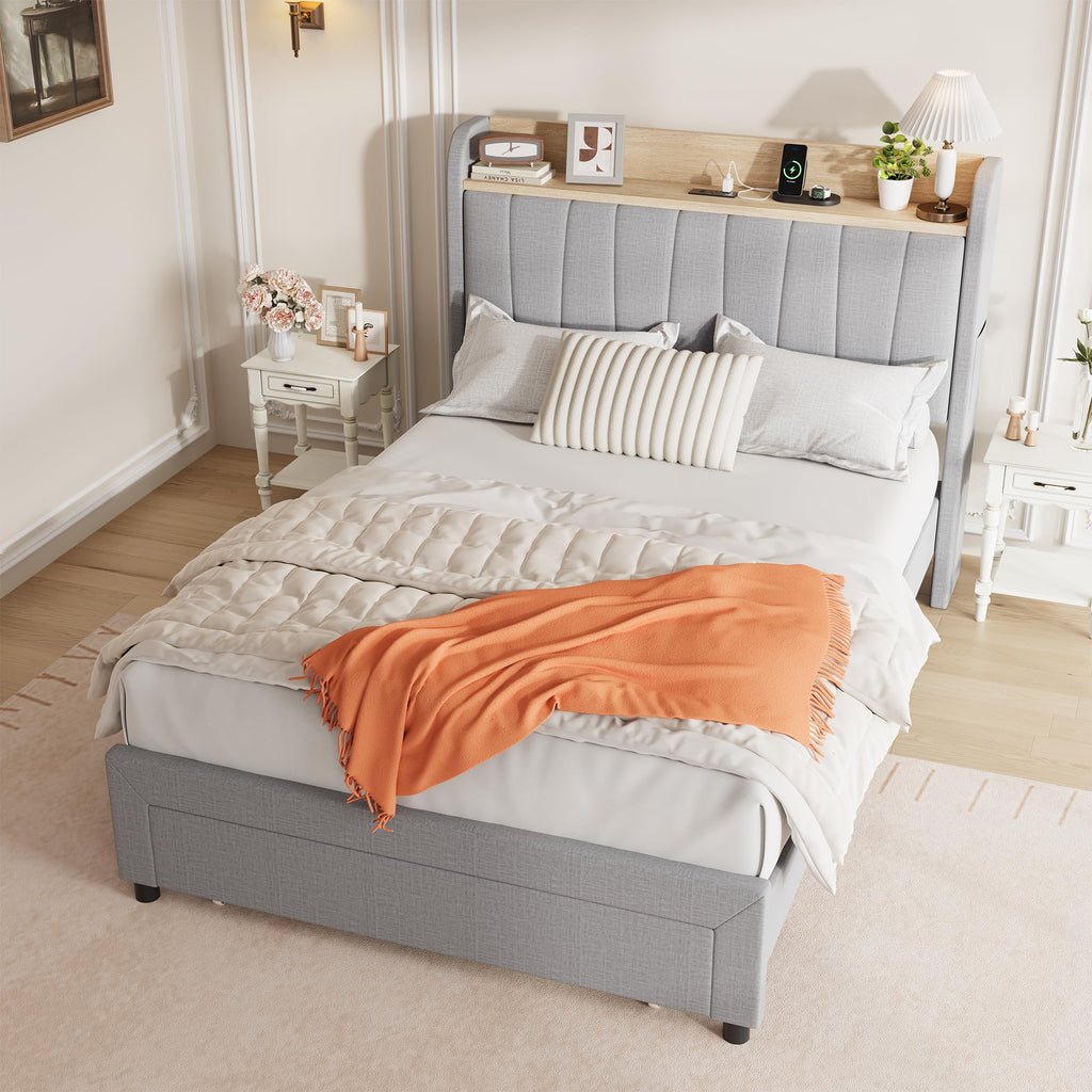 Twin Bed Frame with Storage Headboard and Charging Station G5304