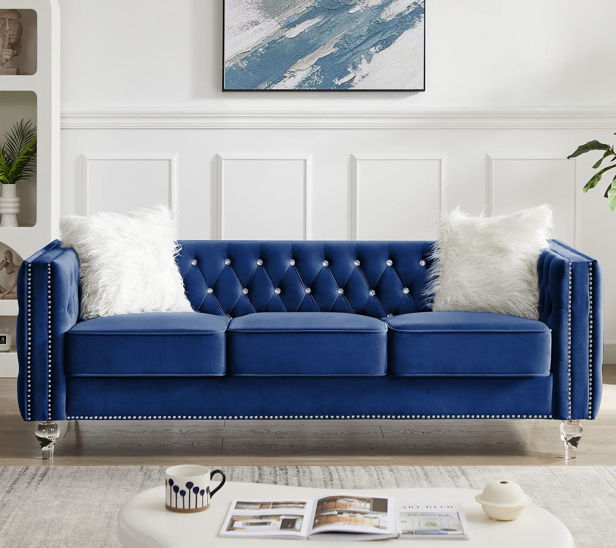 Velvet 3 Seater Sofa Couch with Nailhead and Acrylic Legs K299667