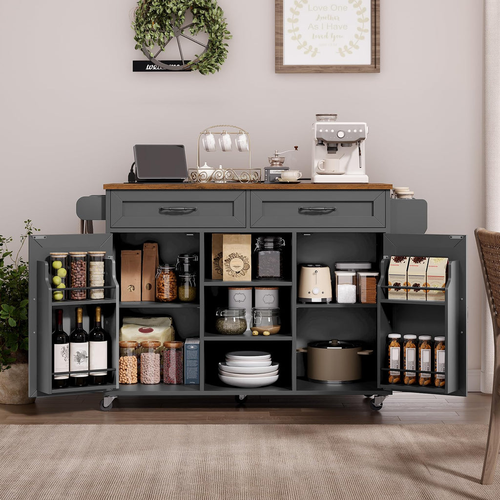 Black and Rustic Brown Kitchen Island with Power Outlets and Drop Leaf A6510