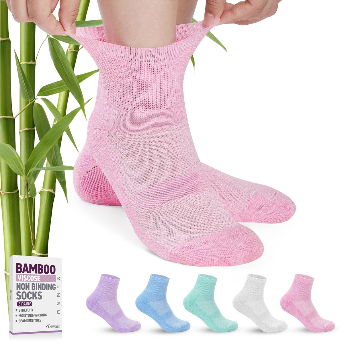 5 Pairs Bamboo Viscose Non-Binding Diabetic Ankle Socks Q5854