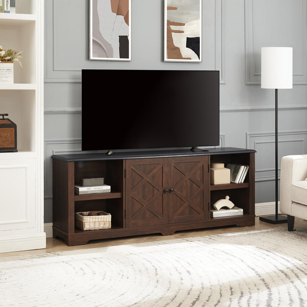 Espresso and Black TV Media Stand with Open Shelves and Closed Cabinets V574455