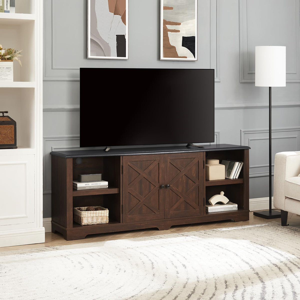 Espresso and Black TV Media Stand with Open Shelves and Closed Cabinets V574455