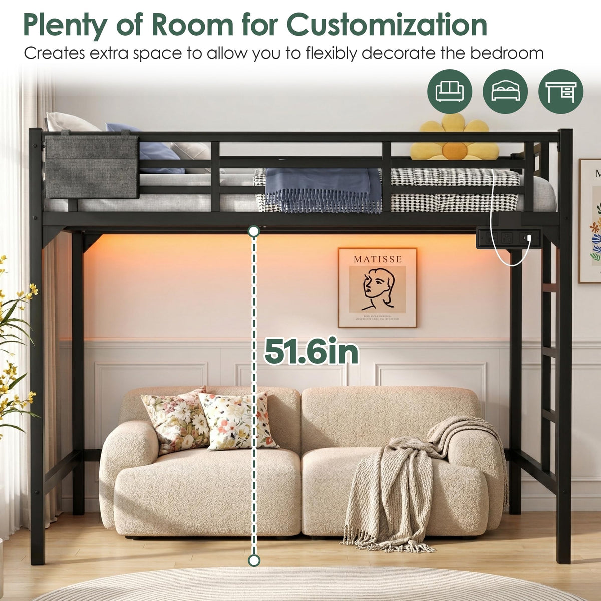 Twin XL Black Metal Loft Bed with Charging Station and LED Lights T357889
