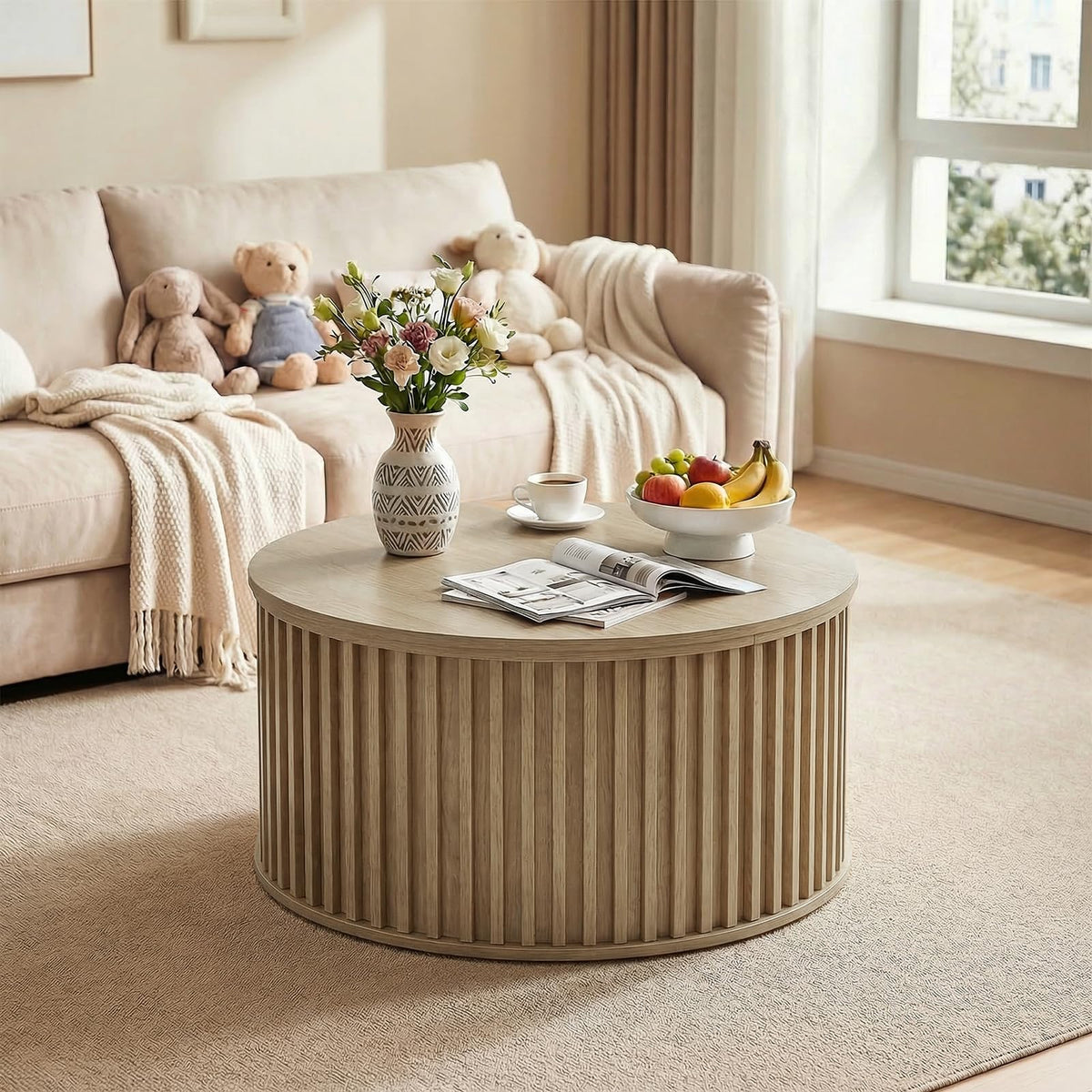 Round Coffee Table with Storage, 35.43" Fluted Center Table P3672