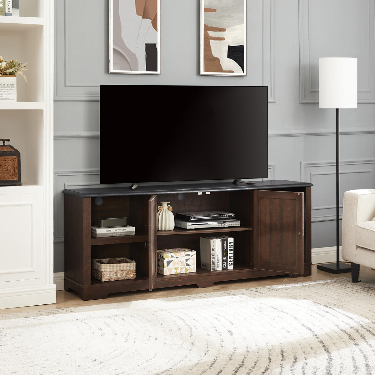 Espresso and Black TV Media Stand with Open Shelves and Closed Cabinets V574455