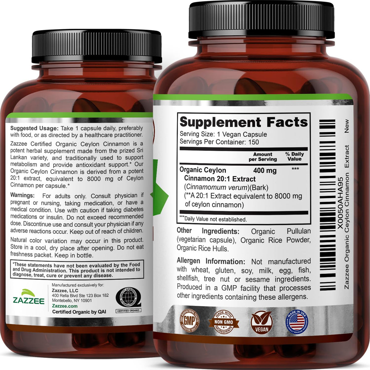 USDA Organic Ceylon Cinnamon 20:1 Extract 150 Capsules C378747