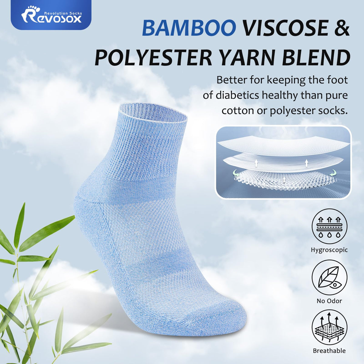 5 Pairs Bamboo Viscose Non-Binding Diabetic Ankle Socks Q5854