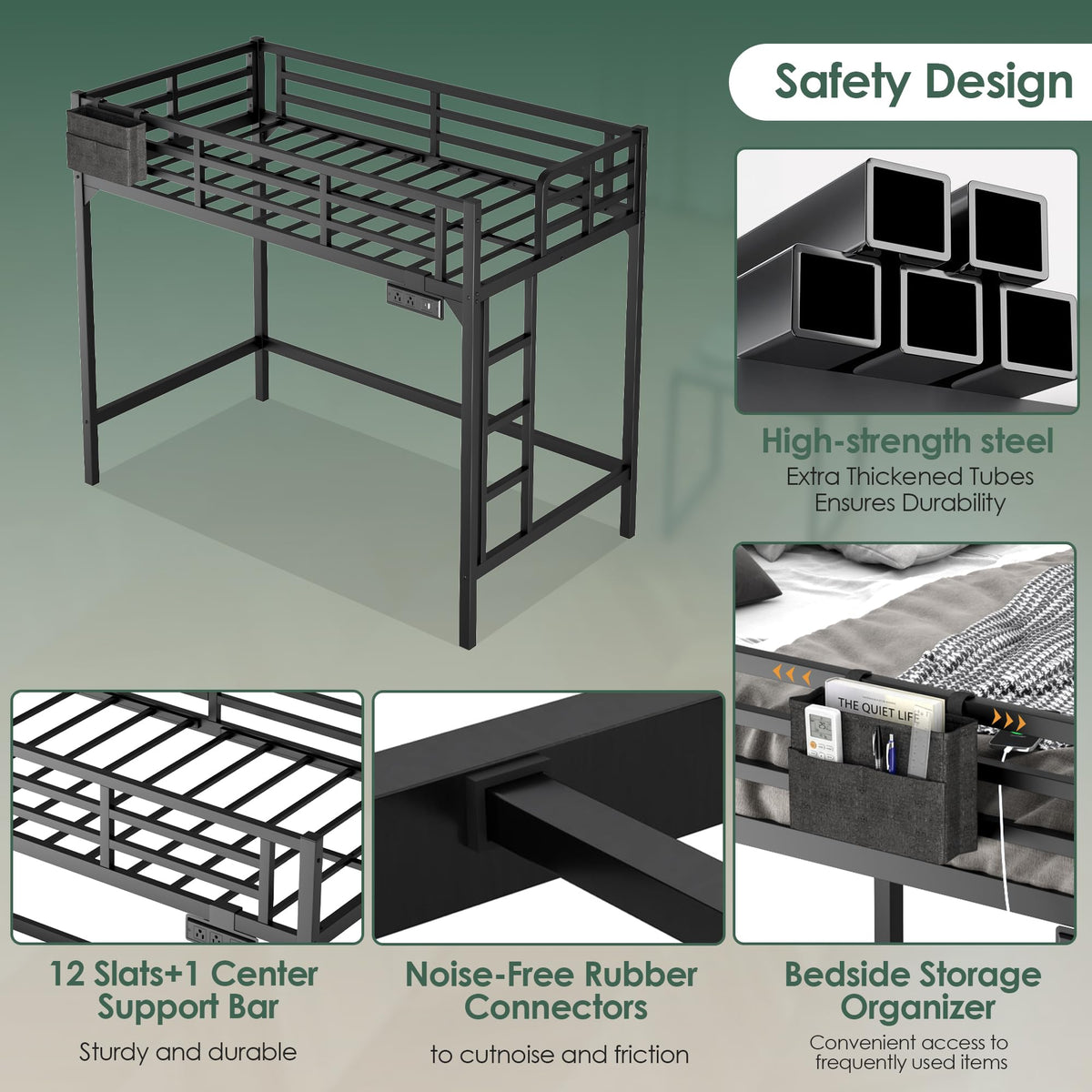 Twin XL Black Metal Loft Bed with Charging Station and LED Lights T357889