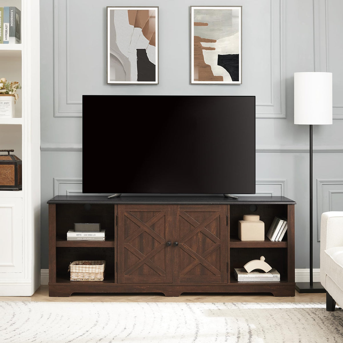 Espresso and Black TV Media Stand with Open Shelves and Closed Cabinets V574455