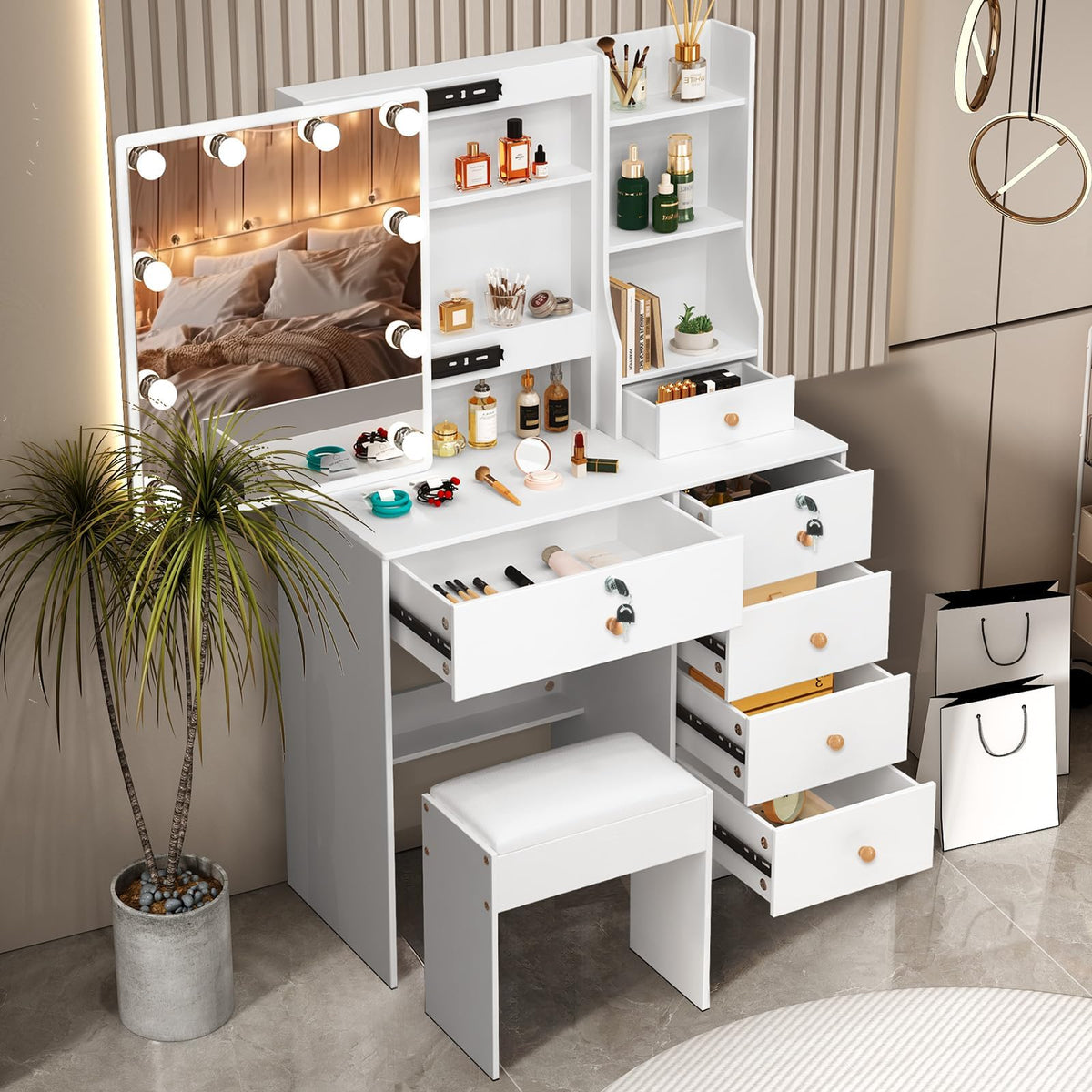 White Vanity Mirror with Lights Desk and Chair 5 Drawers Makeup Table B874