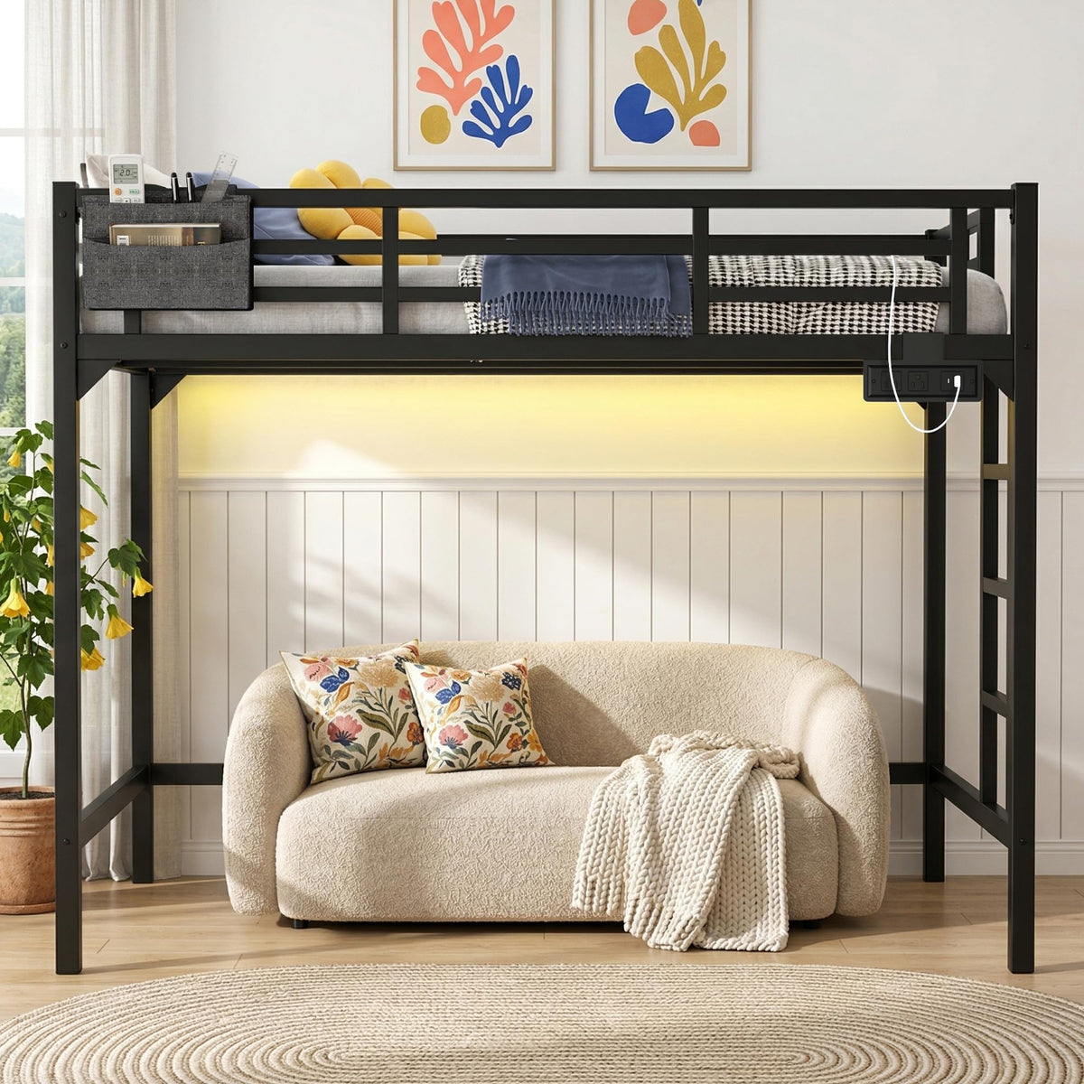 Twin XL Black Metal Loft Bed with Charging Station and LED Lights T357889