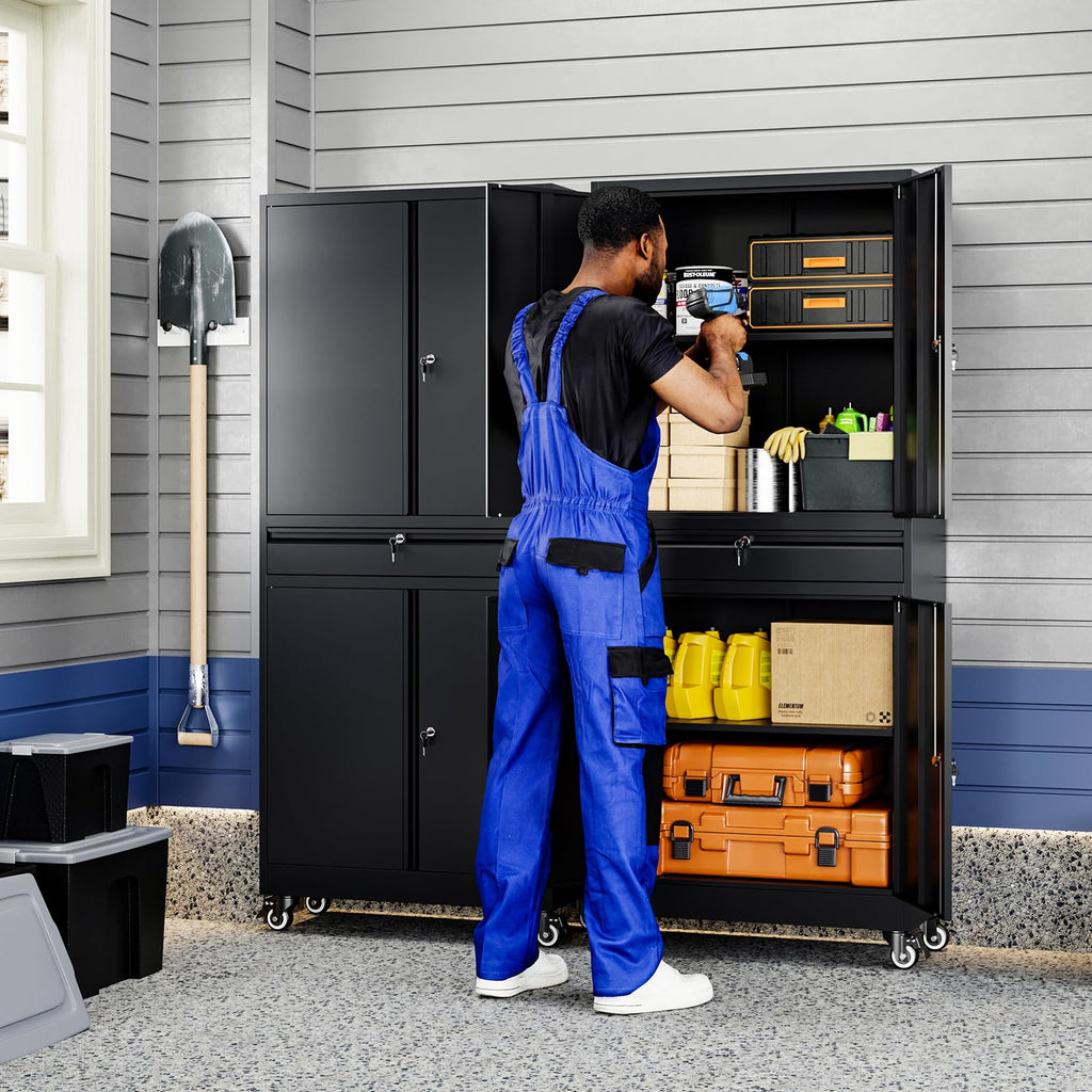 Black Metal Rolling Storage Cabinet with Locking Doors and 1 Drawer F235