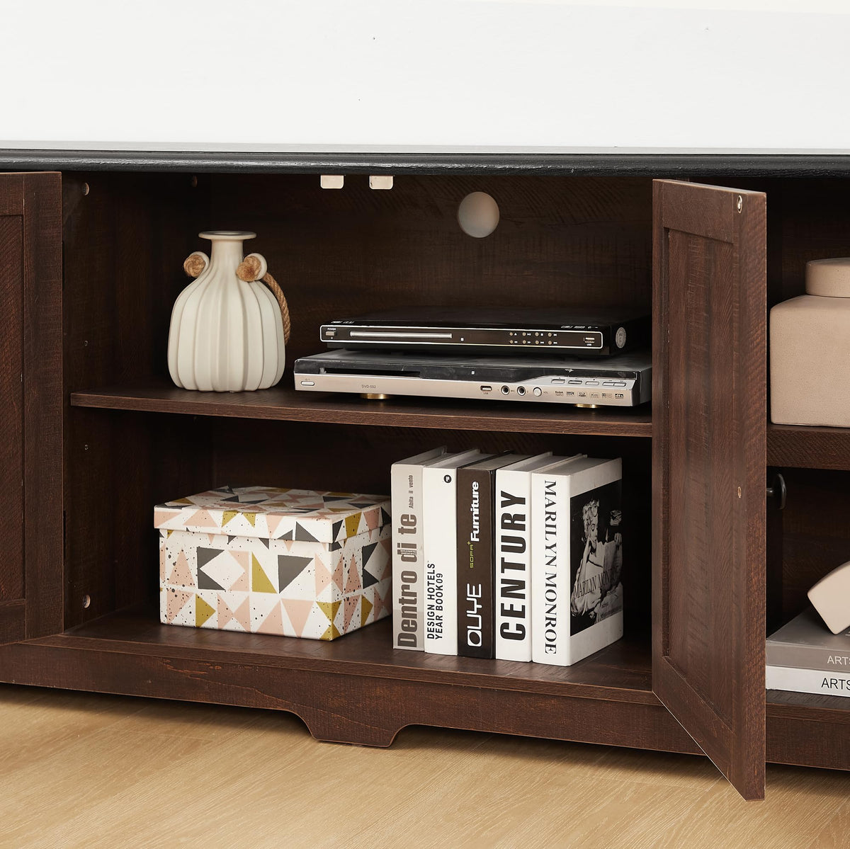 Espresso and Black TV Media Stand with Open Shelves and Closed Cabinets V574455