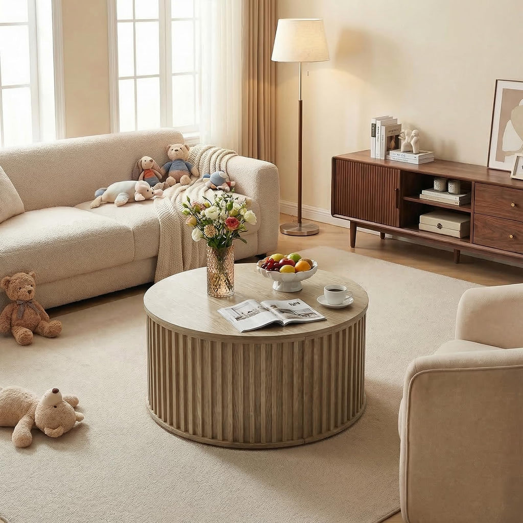 Round Coffee Table with Storage, 35.43" Fluted Center Table P3672