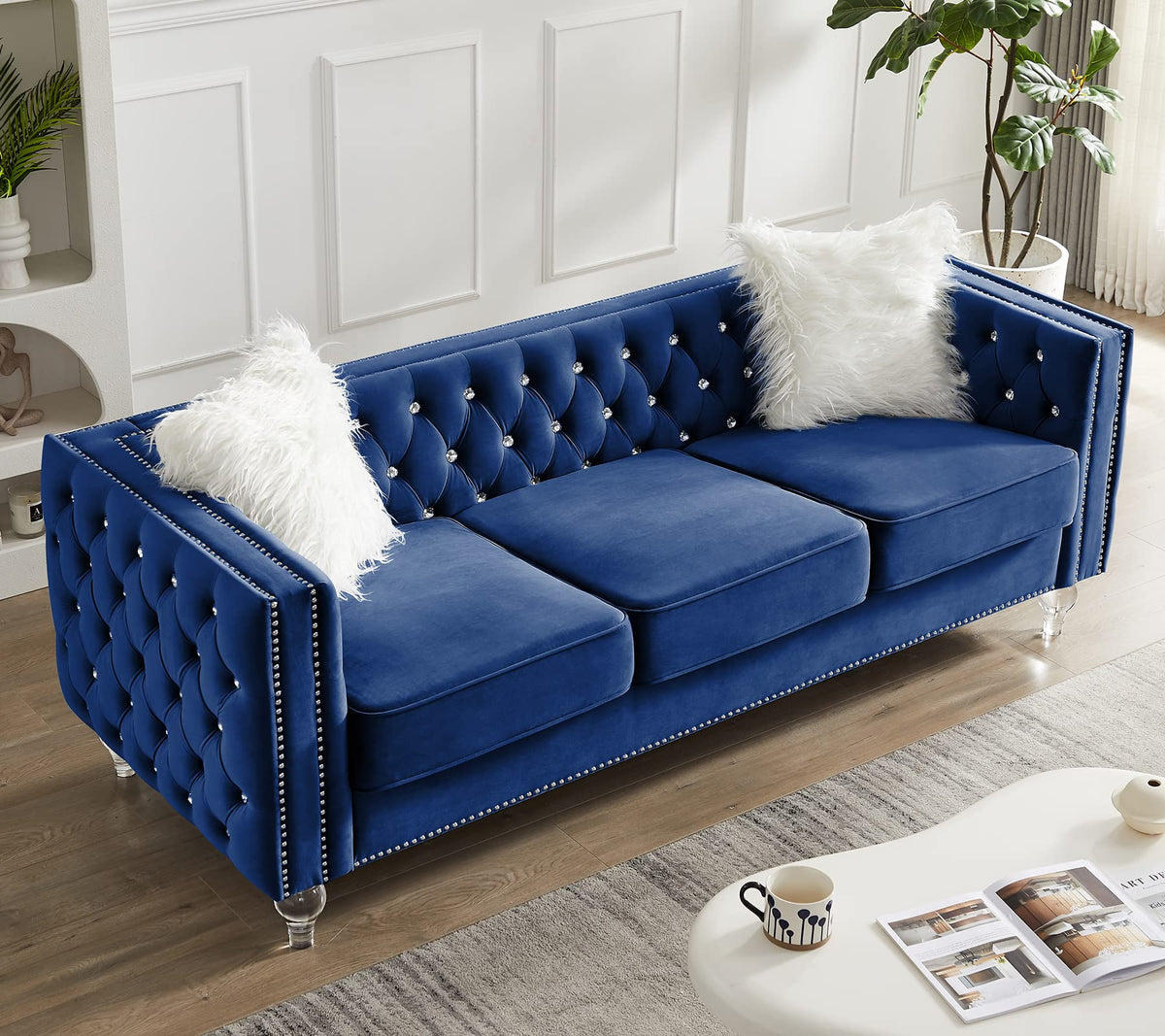Velvet 3 Seater Sofa Couch with Nailhead and Acrylic Legs K299667