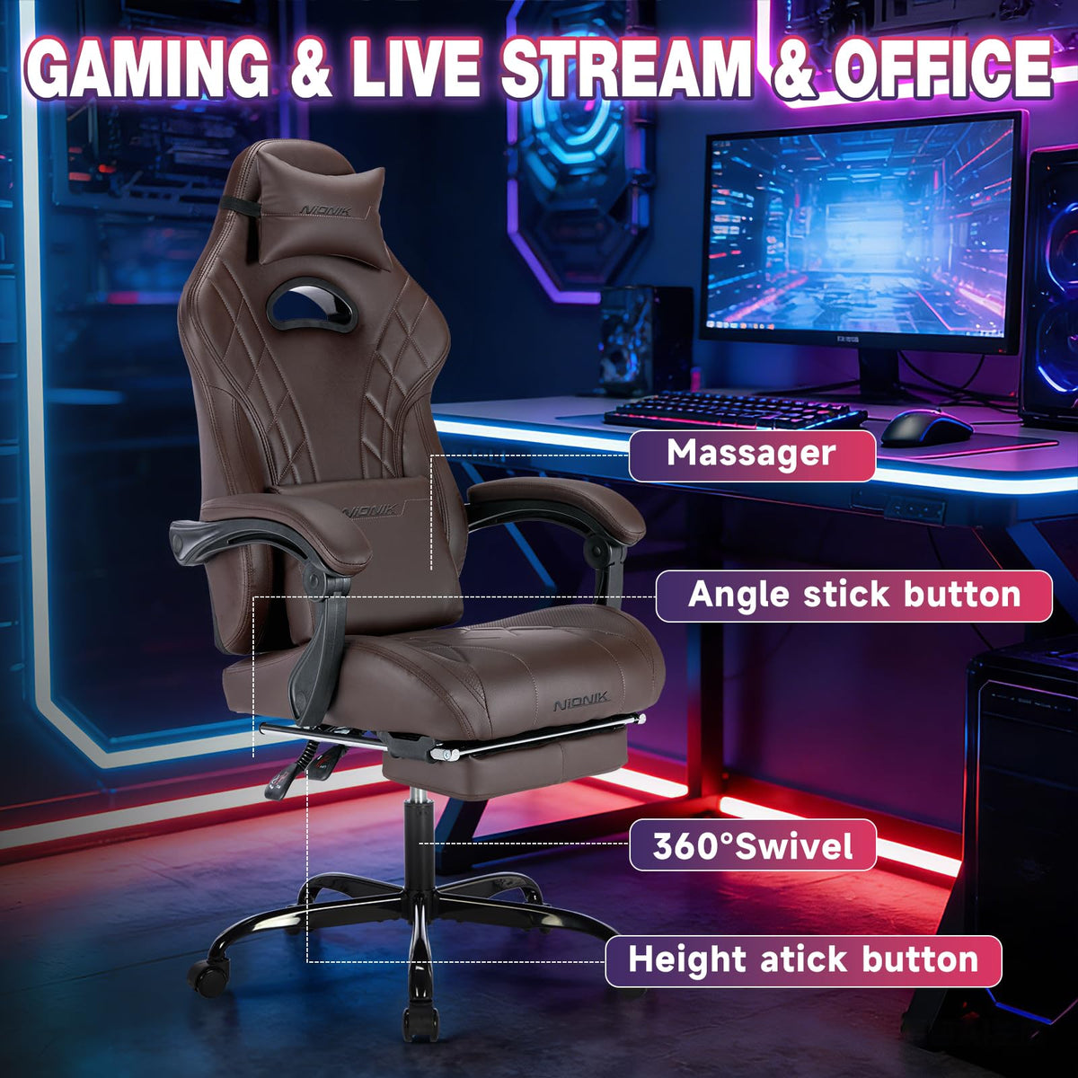 Gaming Chair with Footrest and Massage Lumbar Support I20489