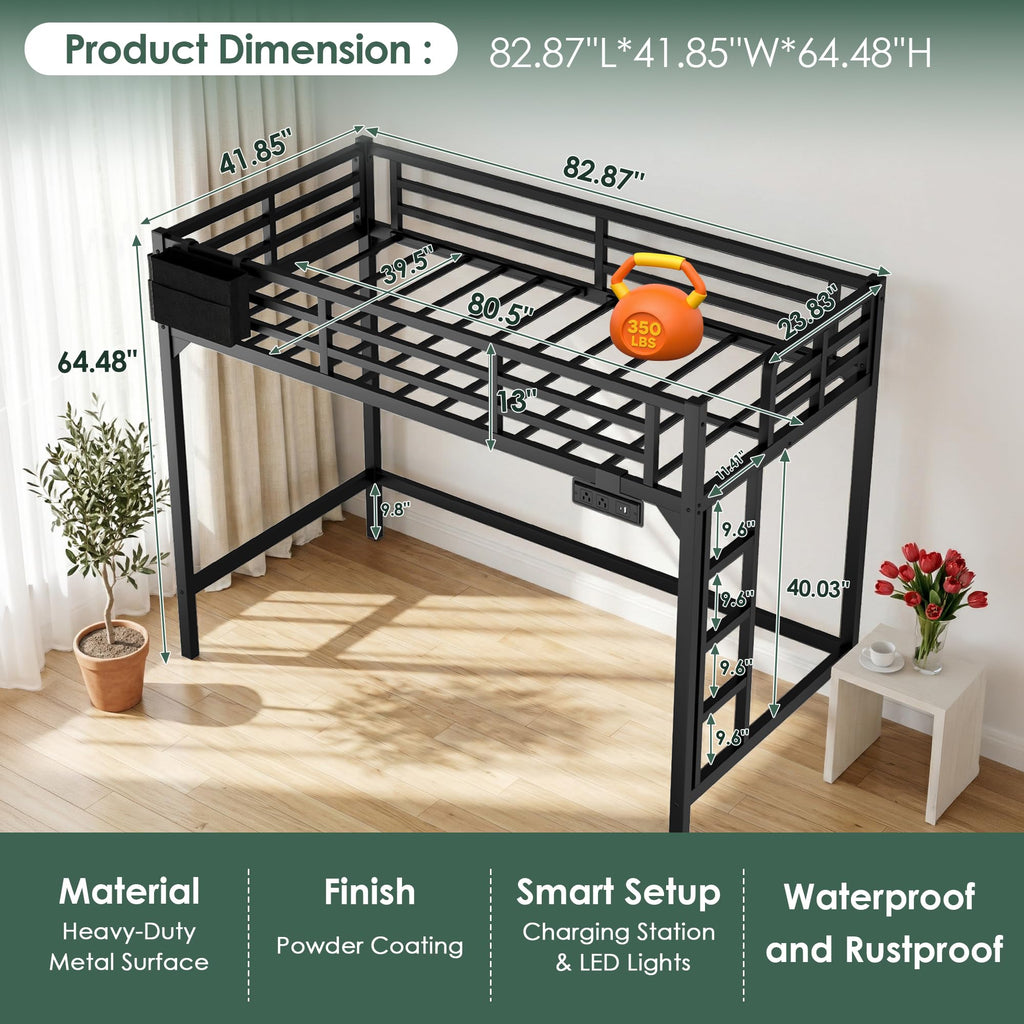 Twin XL Black Metal Loft Bed with Charging Station and LED Lights T357889