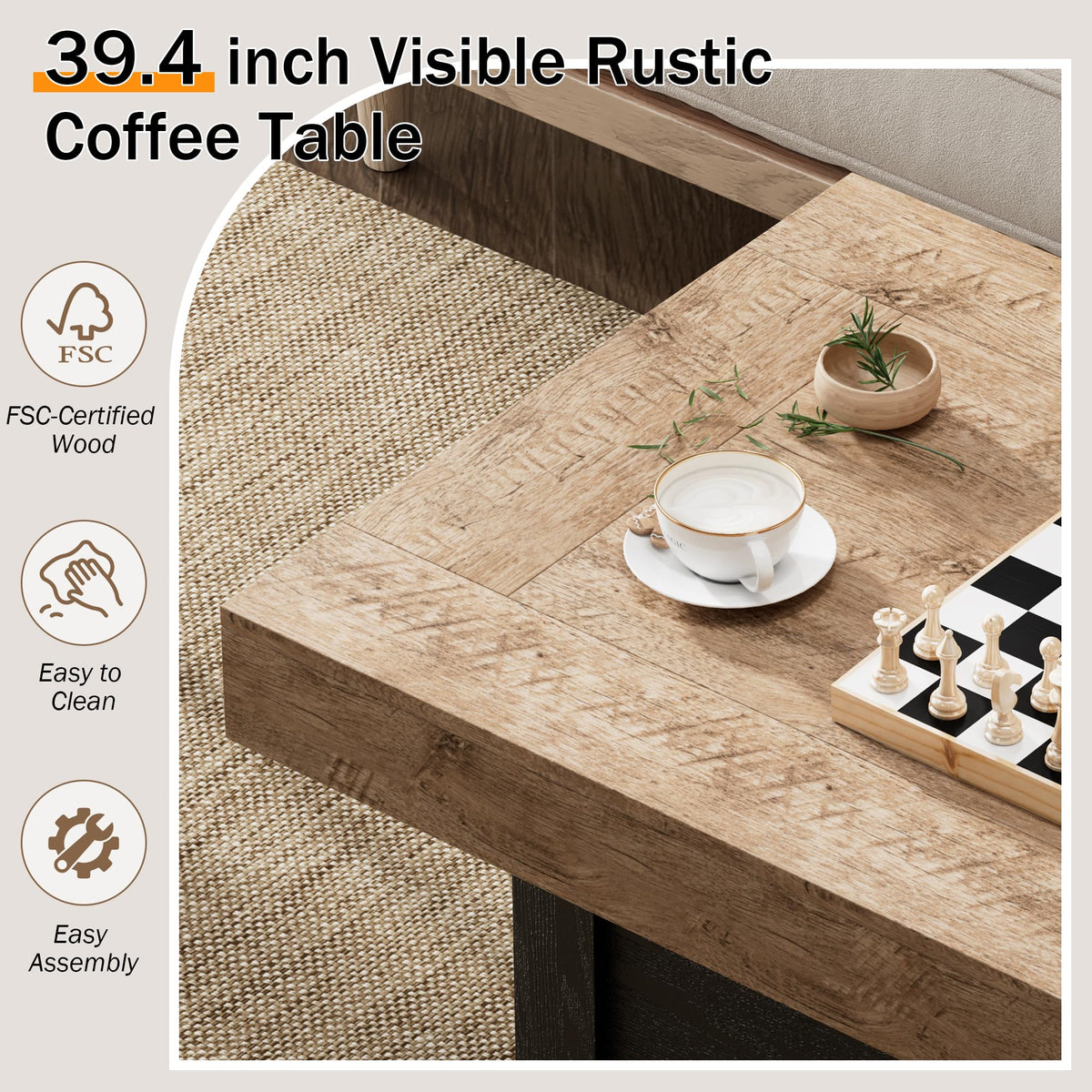 39 in Rustic Coffee Table with X-Design U982